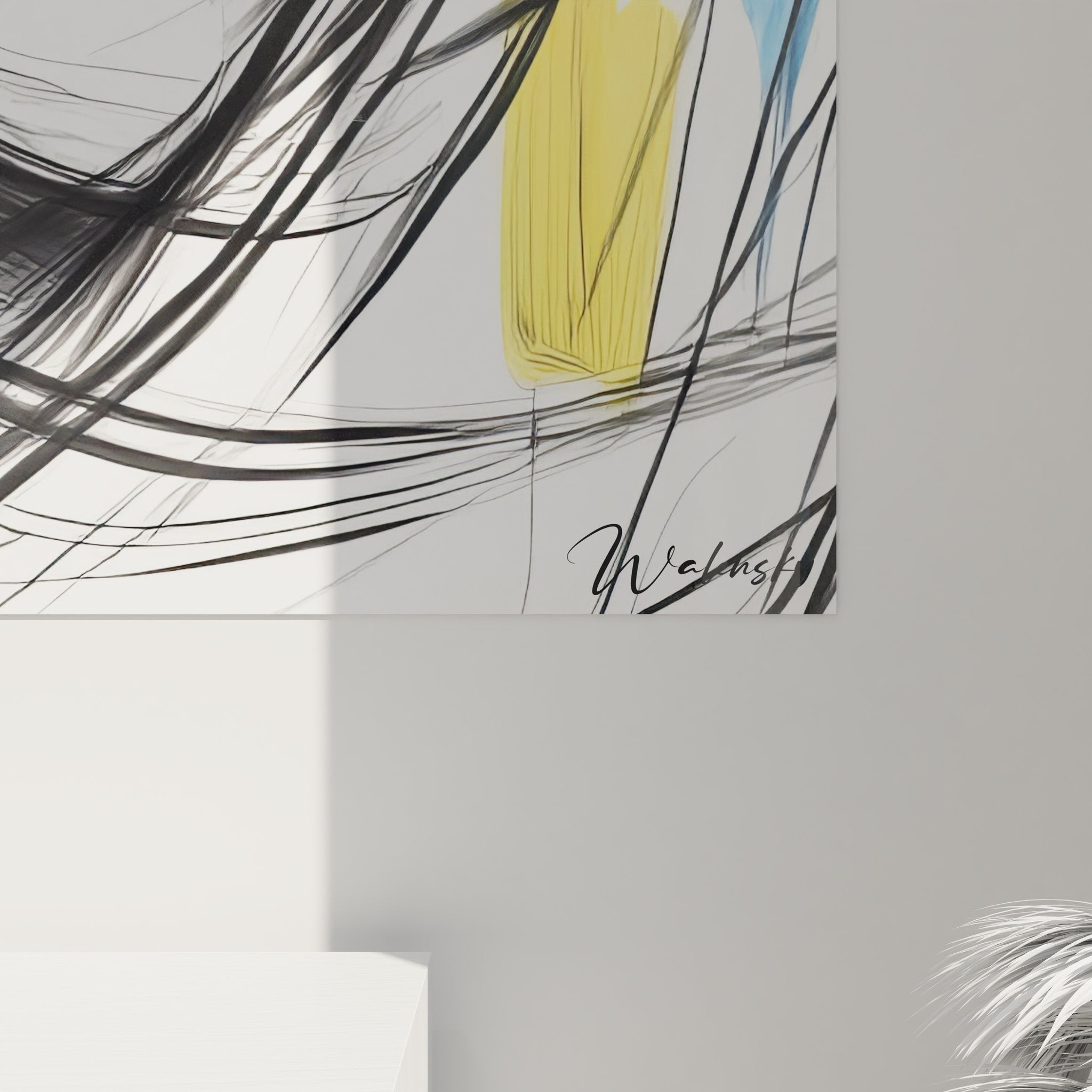 Gesamtansicht des modernen Wandbildes mit expressivem Frauenportrait und abstrakten Farbspritzern auf Leinwand