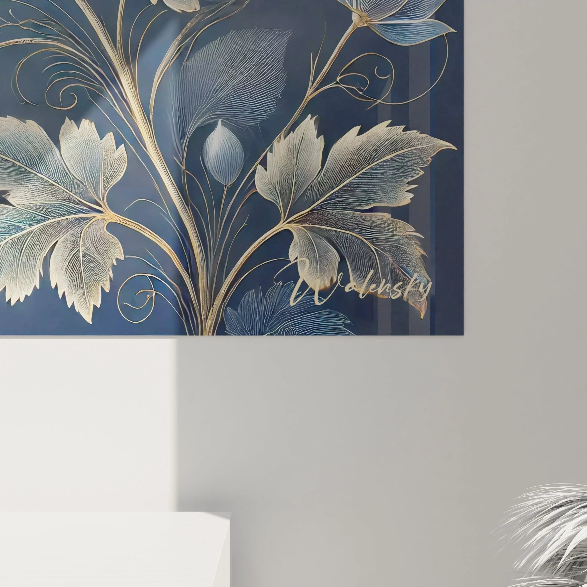 Gesamtansicht des meditativen Lotus Wandbildes mit harmonischer Komposition in Blau-Gold-Tönen