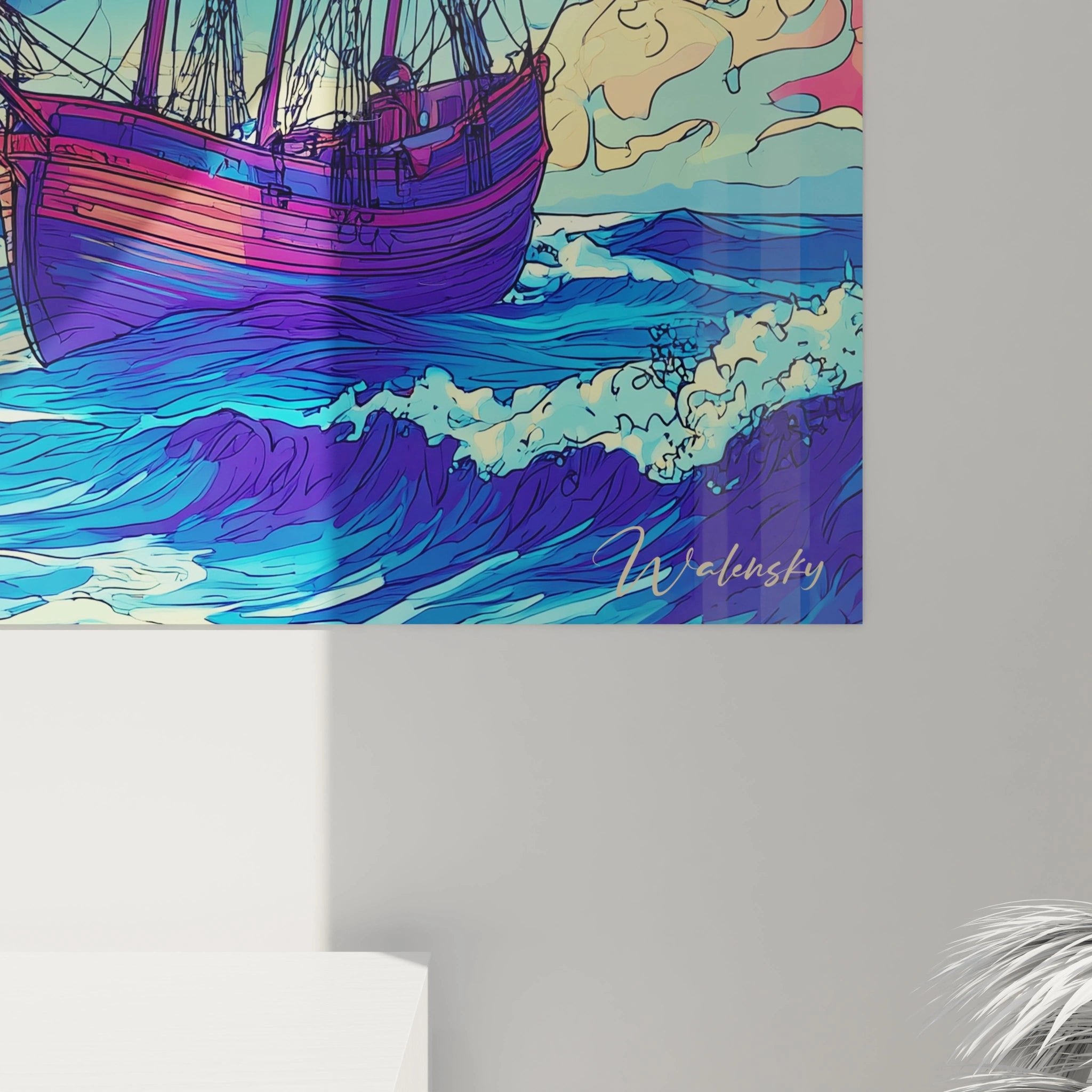 Gesamtansicht des maritime Comic Wandbildes mit Leuchtturm und Segelschiff bei Nacht