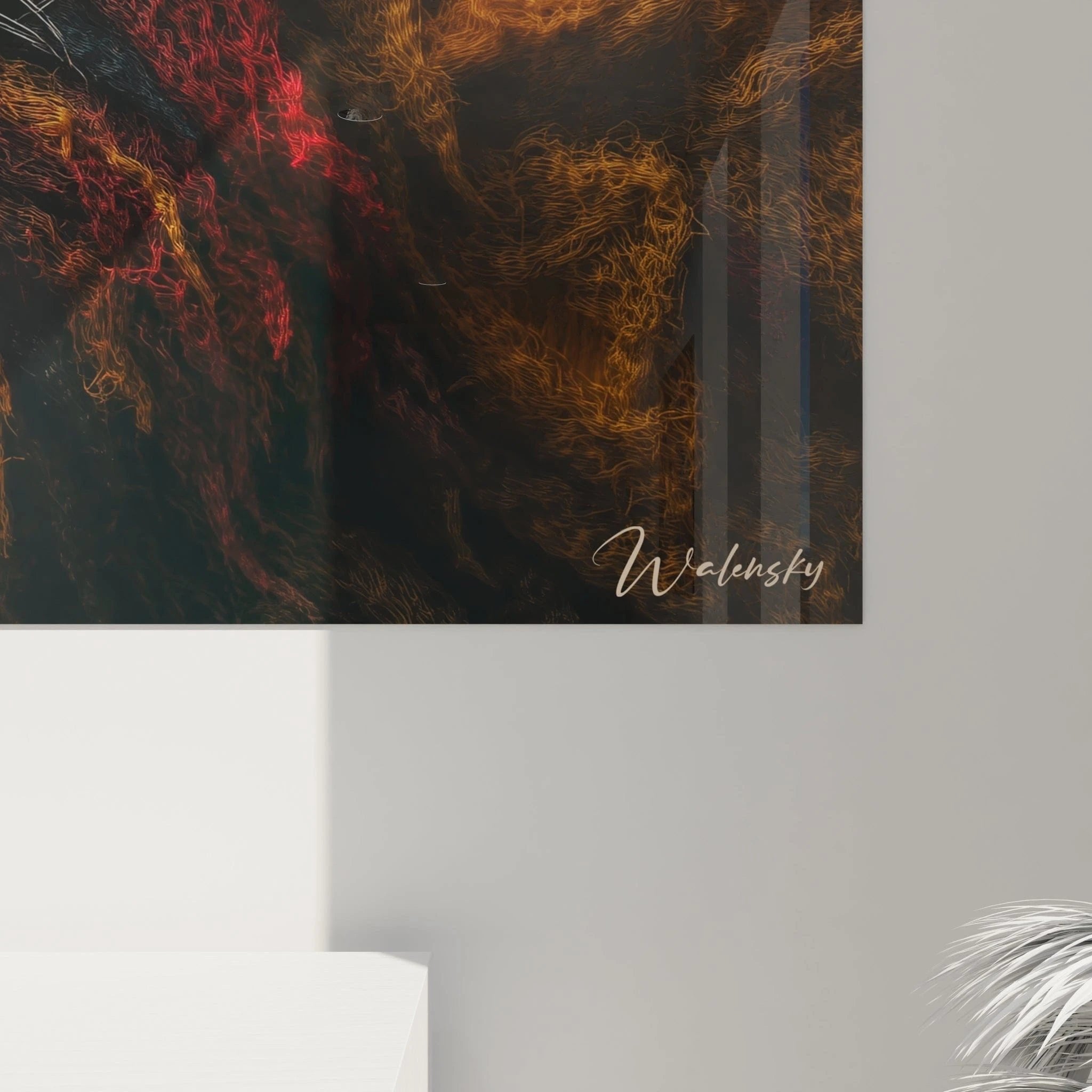 Gesamtansicht Wandbild Löwe Häkeloptik, flammende Mähne in warmen Farbtönen, majestätische Tierdekoration