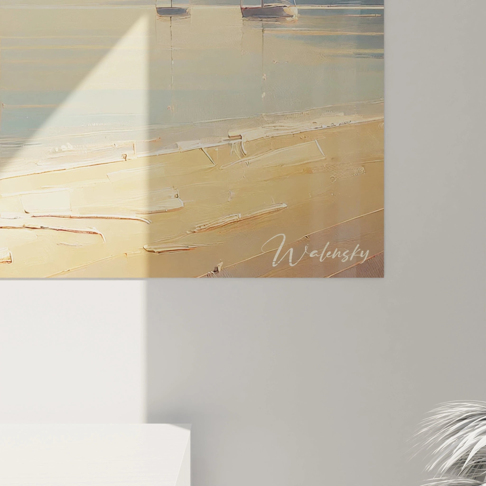 Gesamtansicht des maritimen Wandbildes mit Strandszene und Segelbooten in der Bucht