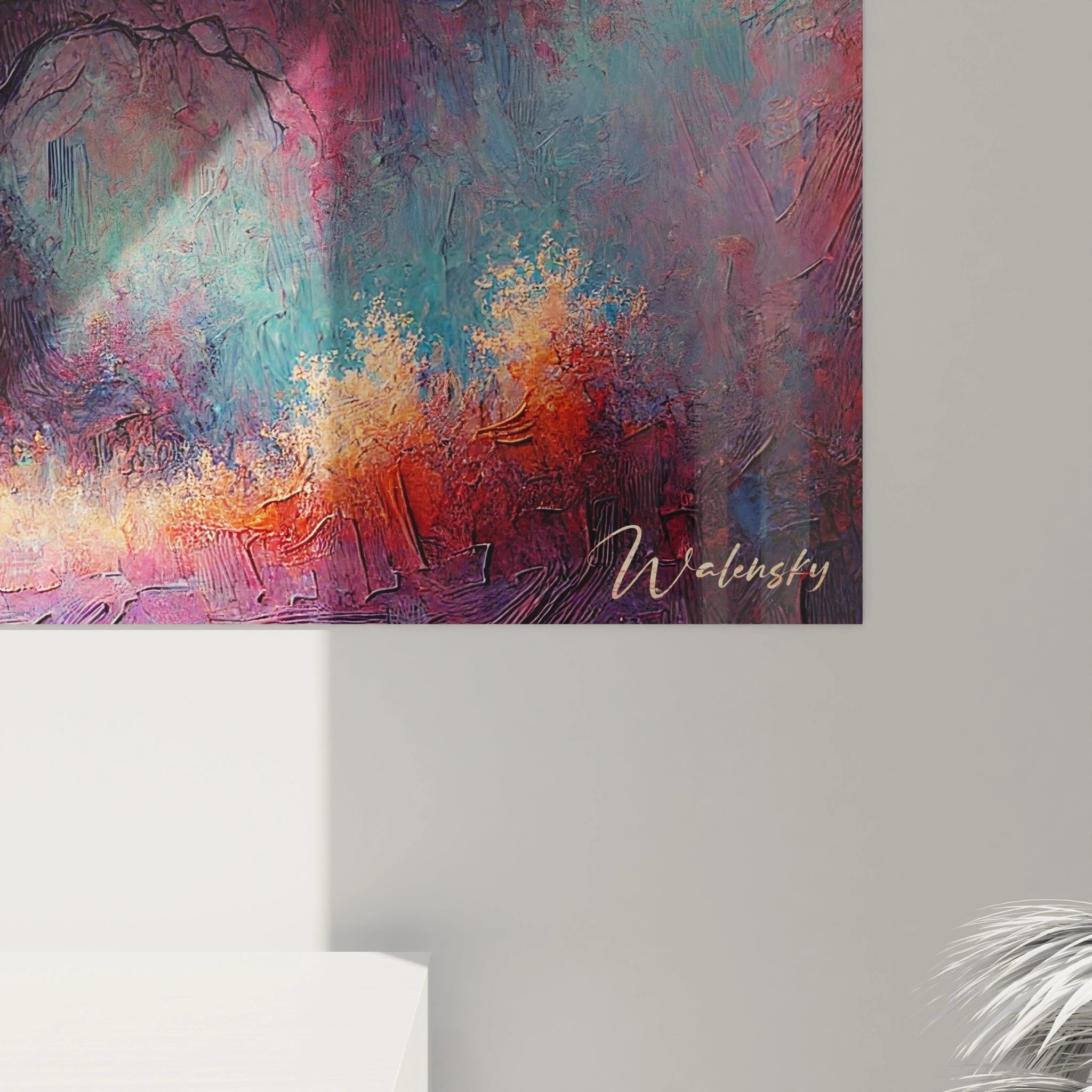 Gesamtansicht des abstrakten Lebensbaum-Wandbildes mit wirbelnder Baumkrone und erdigen Grundtönen