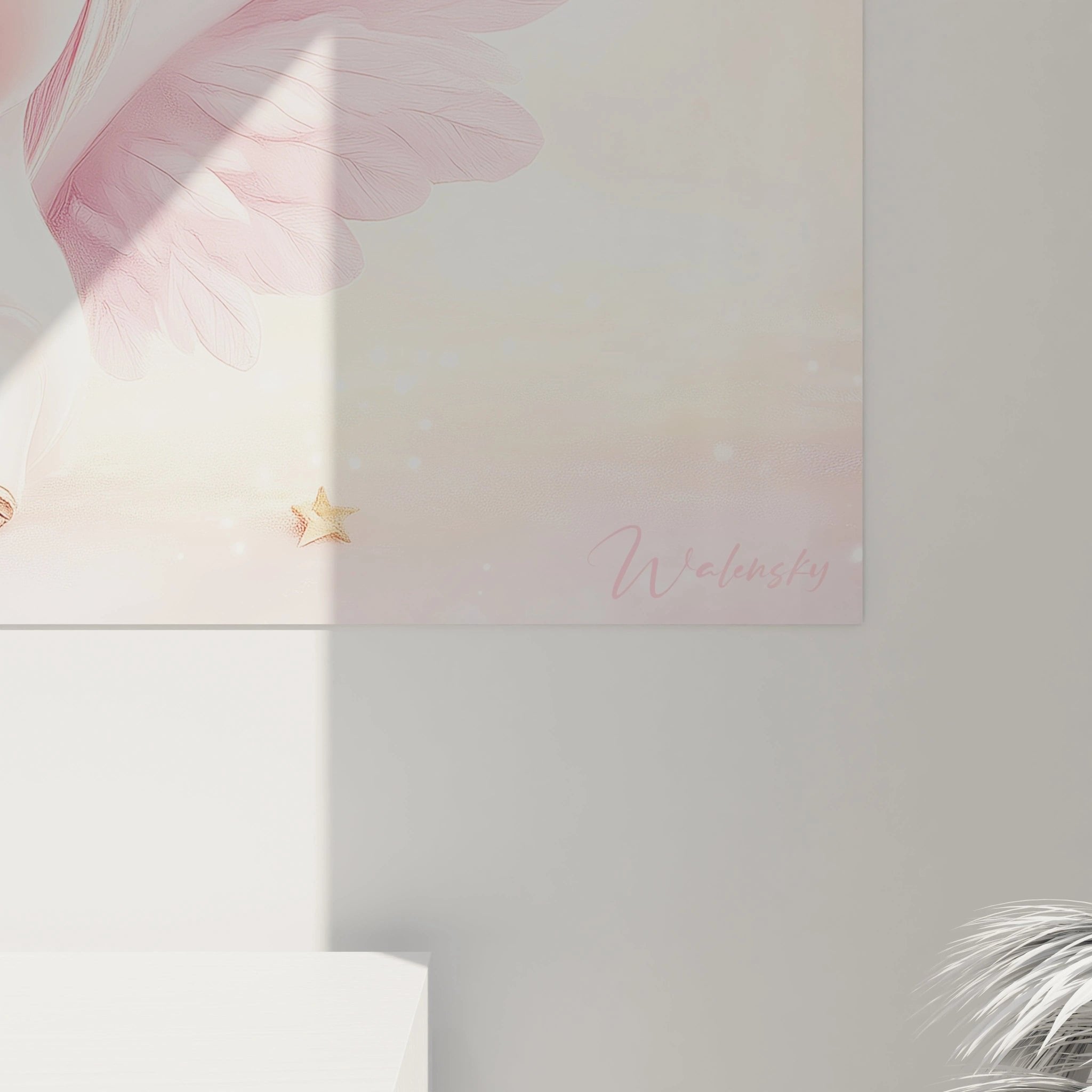 Gesamtansicht des Einhorn-Wandbildes in pastellrosa Tönen mit goldenen Sternen und cremefarbenem Hintergrund