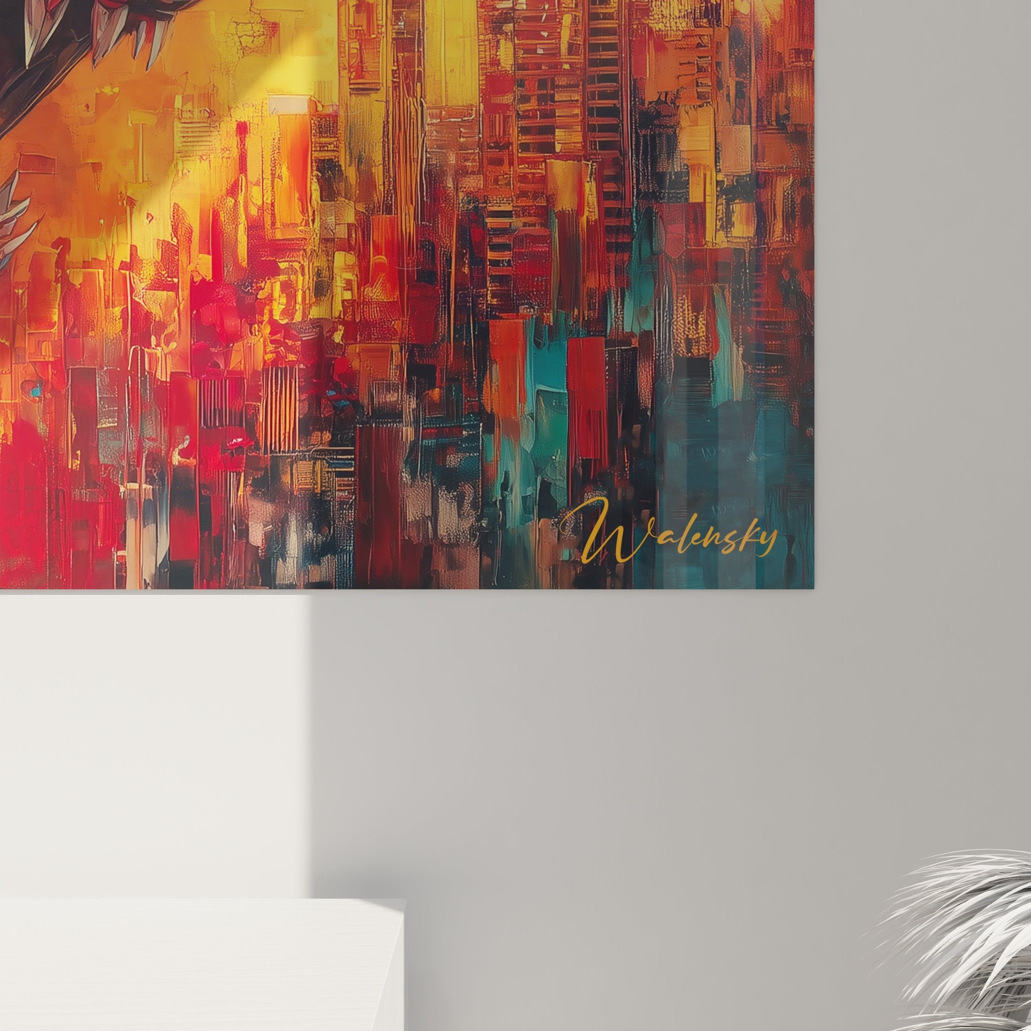 Gesamtansicht des Megalodon Urzeit-Hai Wandbildes mit kraftvoller Farbkomposition