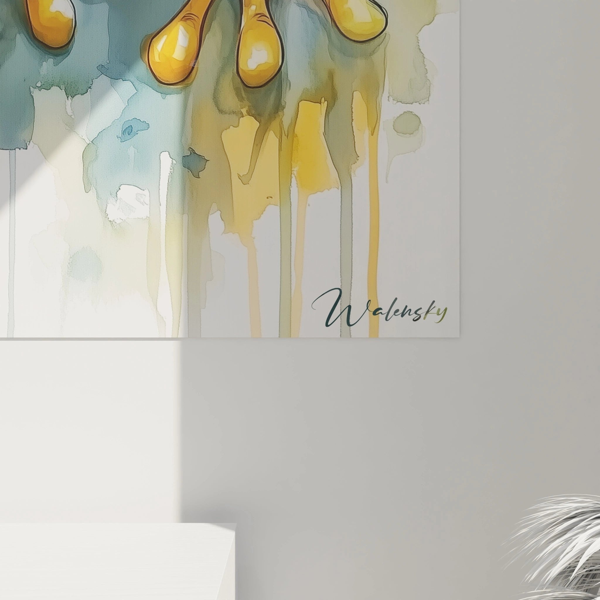 Gesamtansicht des bunten Frosch Wandbildes mit tropfenden Aquarellfarben