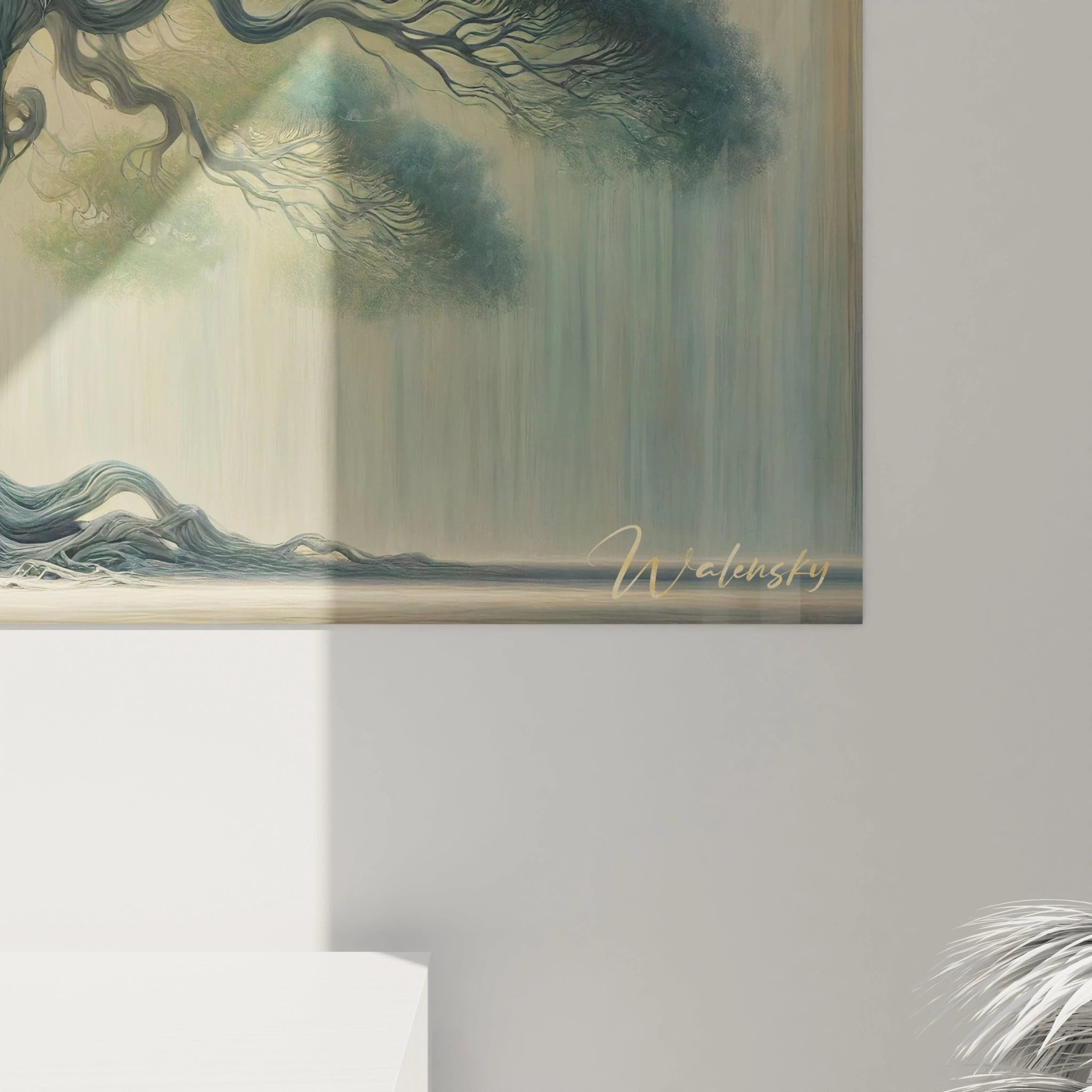 Gesamtansicht des mystischen Lebensbaum-Wandbildes mit spiritueller Ausstrahlung und eleganter Darstellung