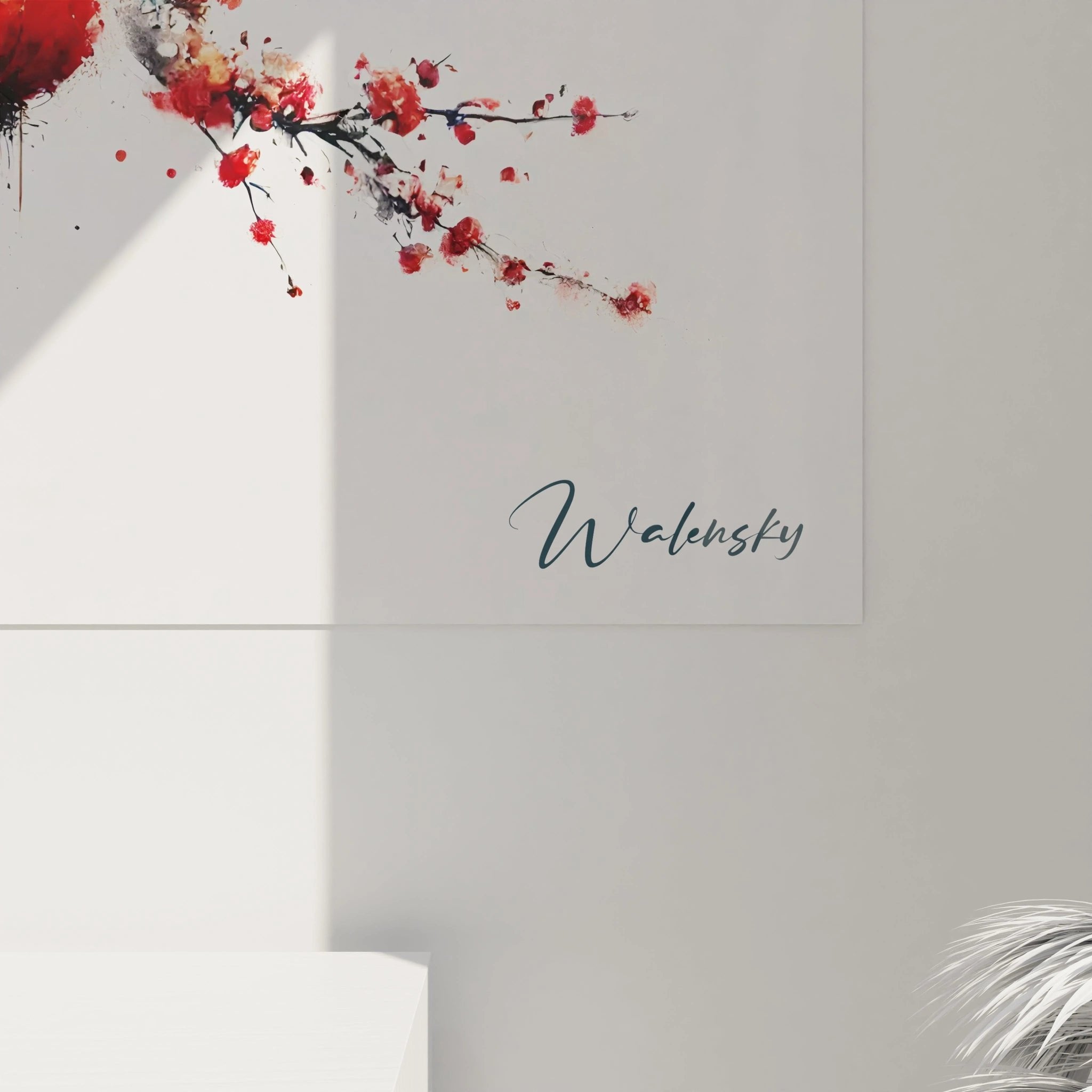 Gesamtansicht des meditativen Wandbildes mit drei japanischen Laternen und Kirschblüten-Motiv