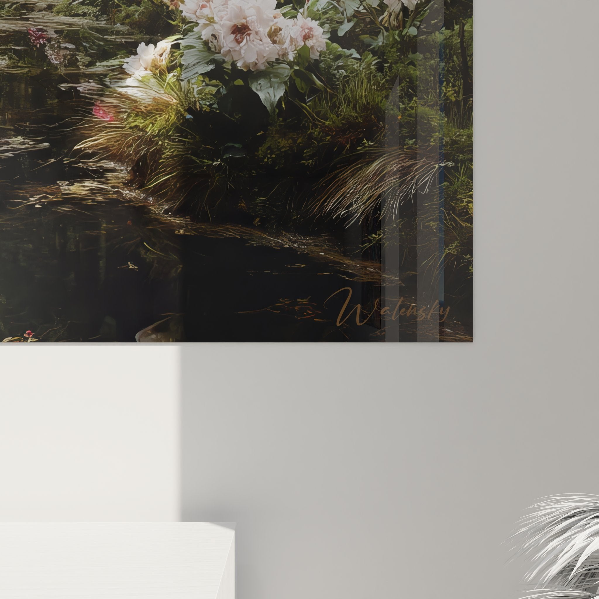 Gesamtansicht des Wandbildes mit verzauberter Wasseroase und tropischer Dschungellandschaft