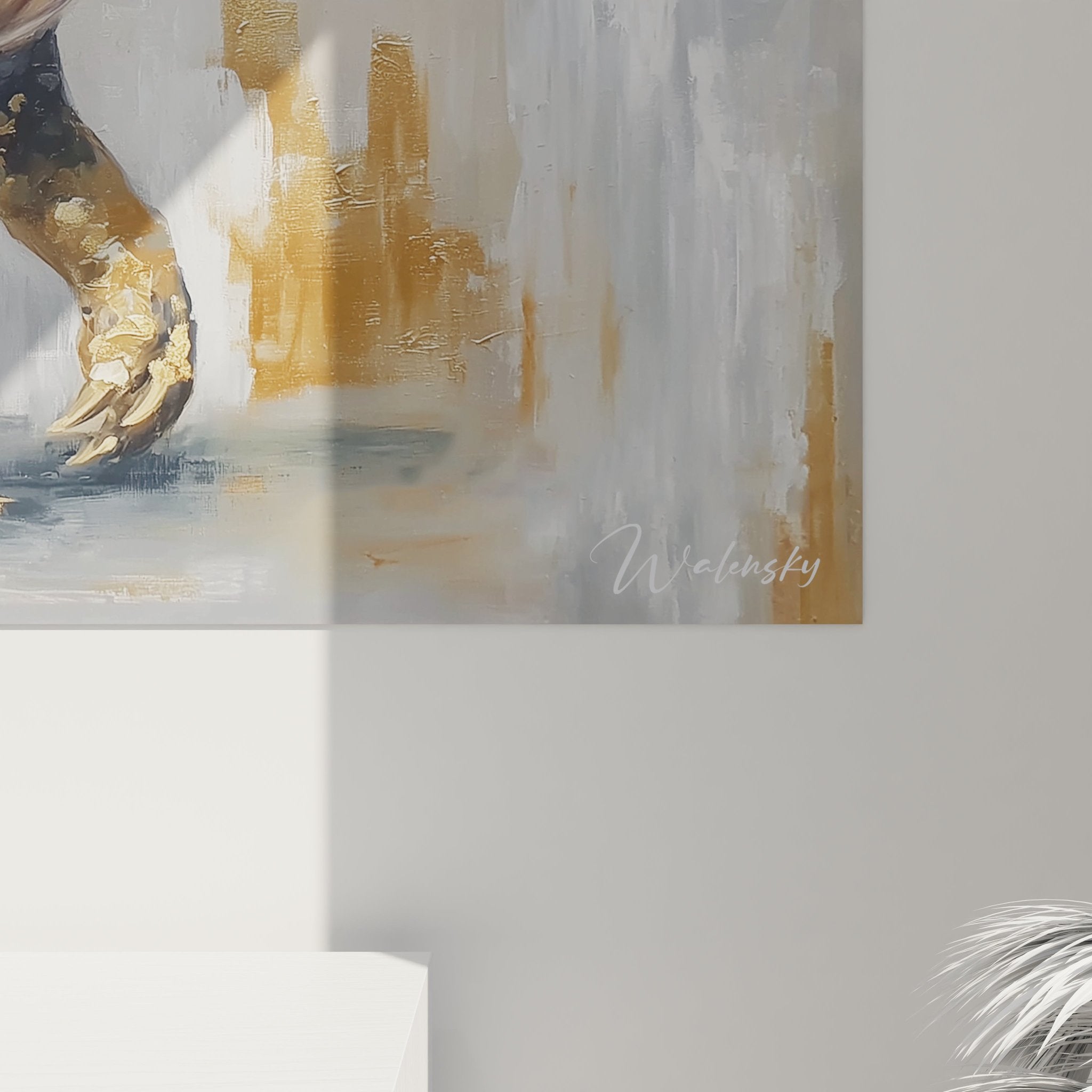 Gesamtansicht des gepanzerten Ankylosaurus Wandbildes mit luxuriöser Gold-Grau Farbgebung