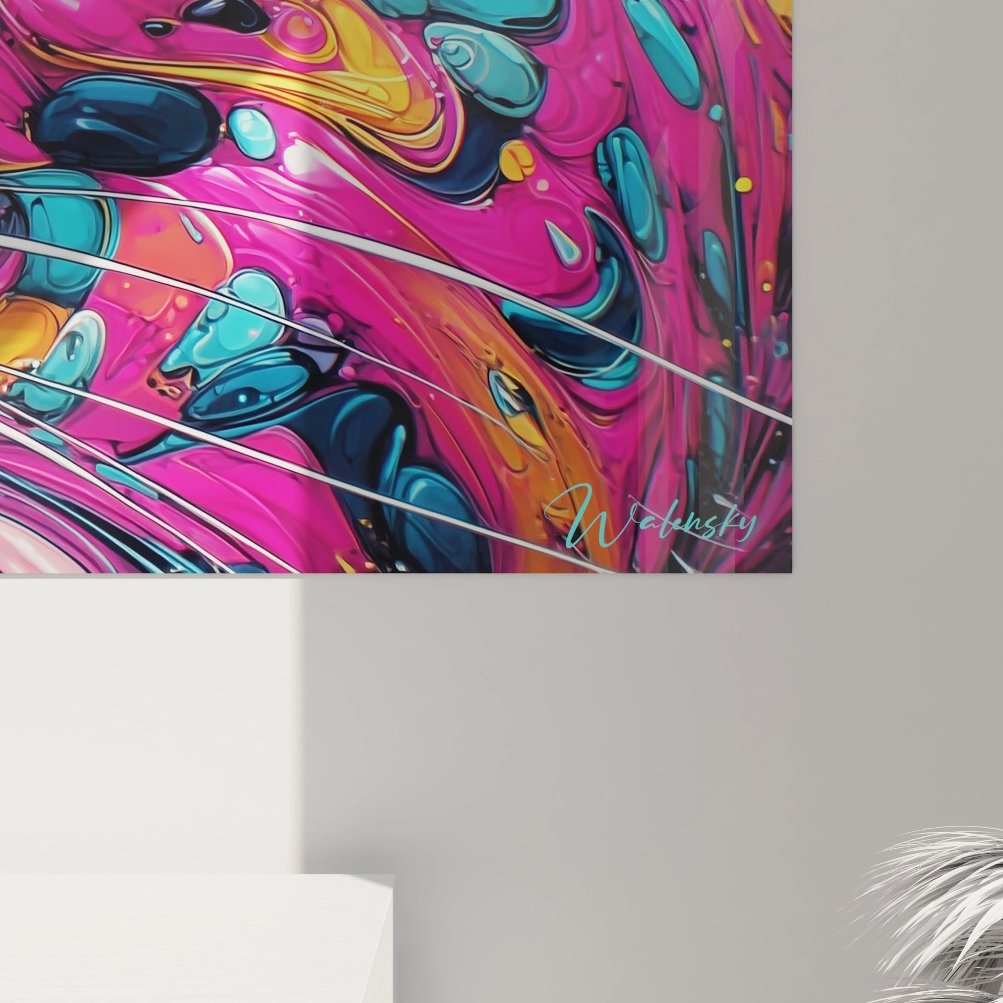 Gesamtansicht des farbenfrohen Katzen-Wandbildes Edition Farbexplosion auf weißem Hintergrund