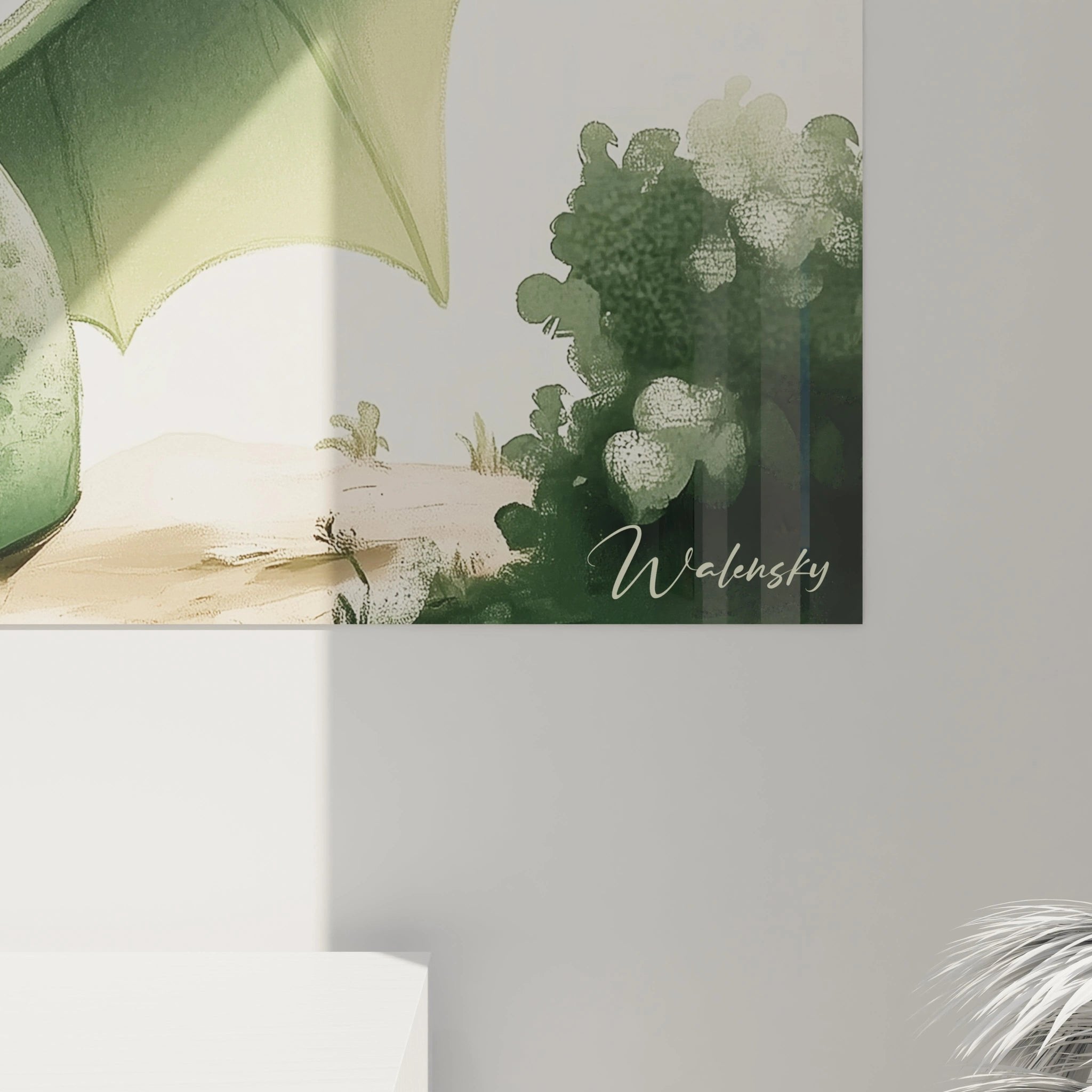 Gesamtansicht des Drachen Wandbildes in modernem Wohnambiente, zeigt die harmonische Farbwirkung