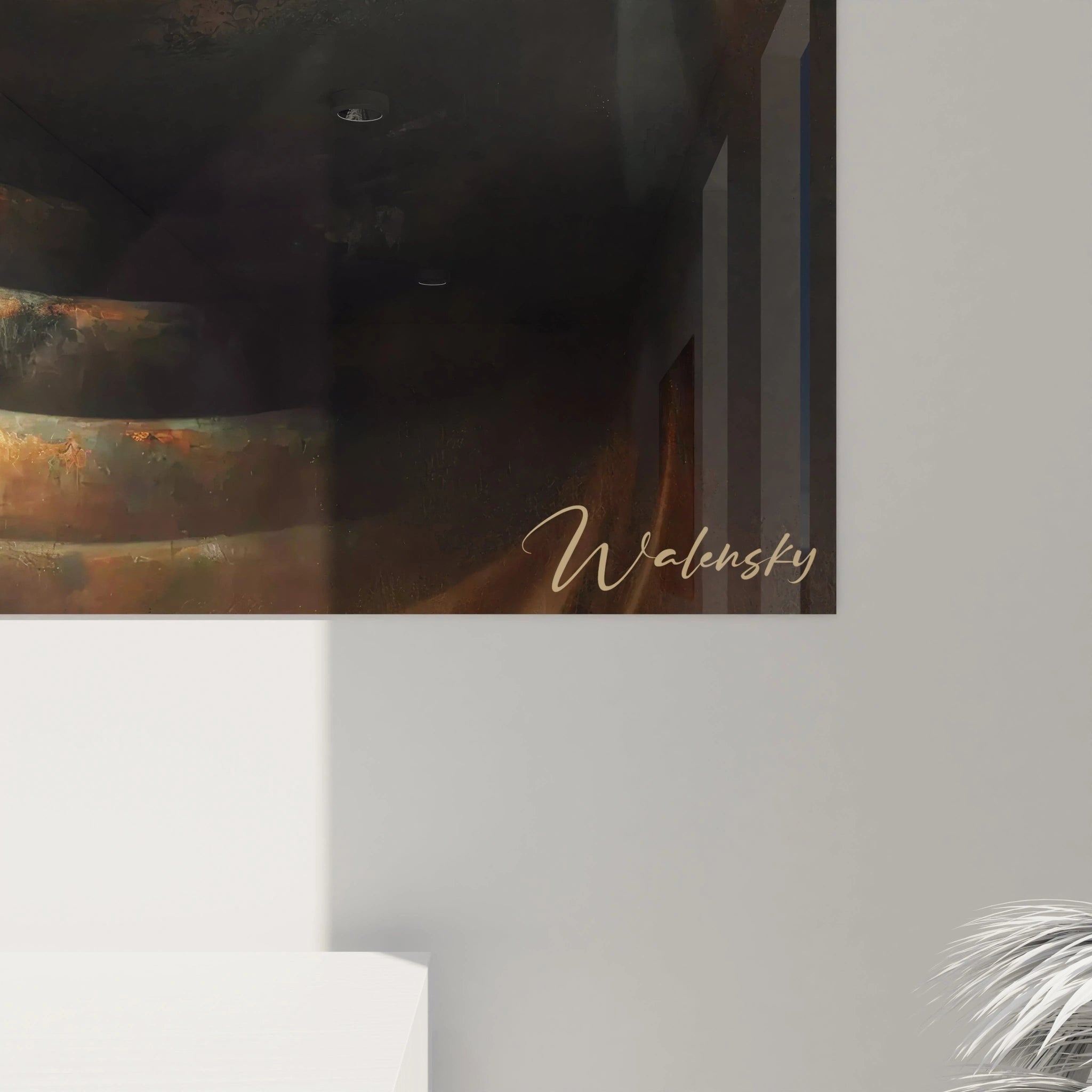 Gesamtansicht Buddha Wandbild mit dekorativen Ornamenten und warmen Bronzetönen