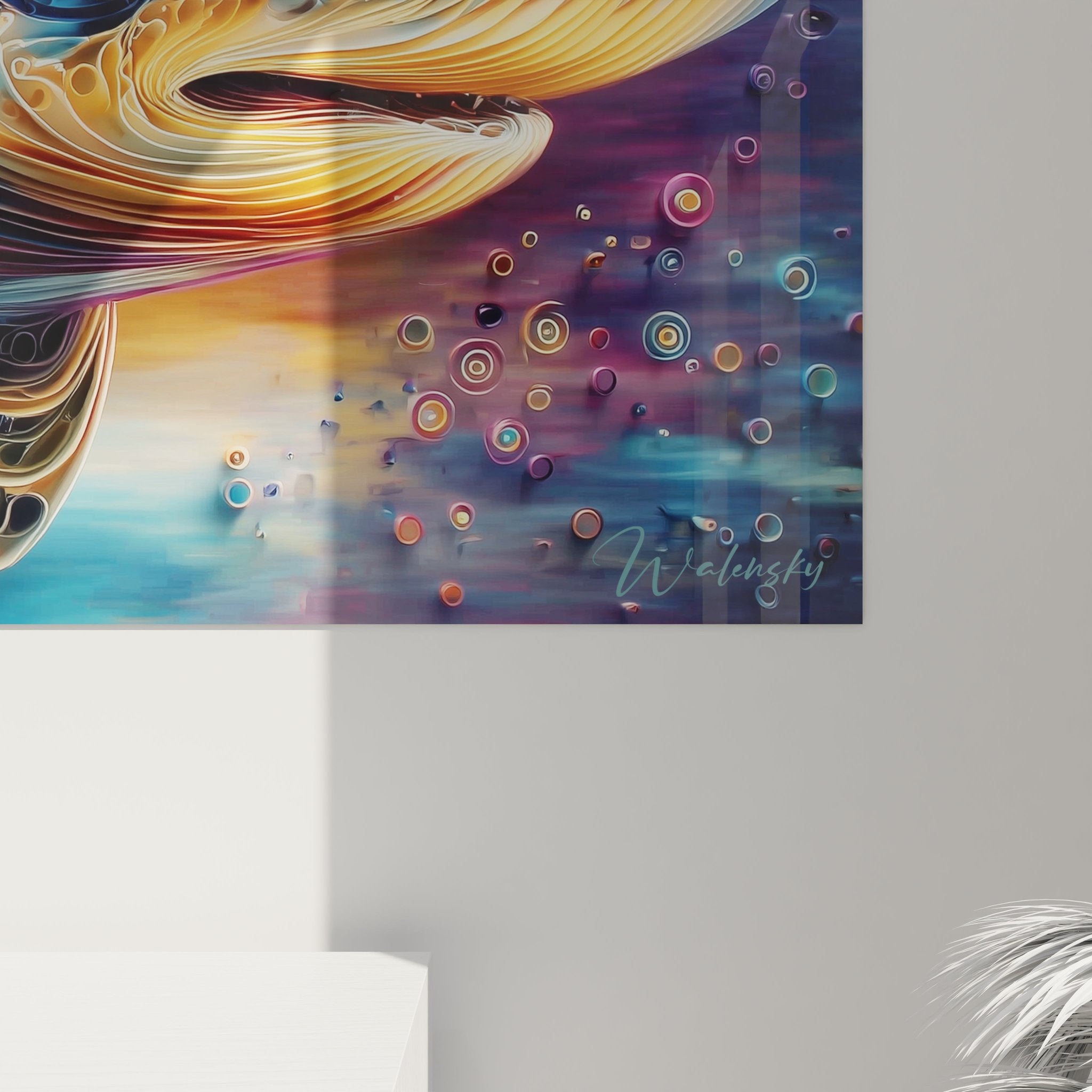 Gesamtansicht des ozeanischen Wal-Wandbildes mit abstrakten Designelementen