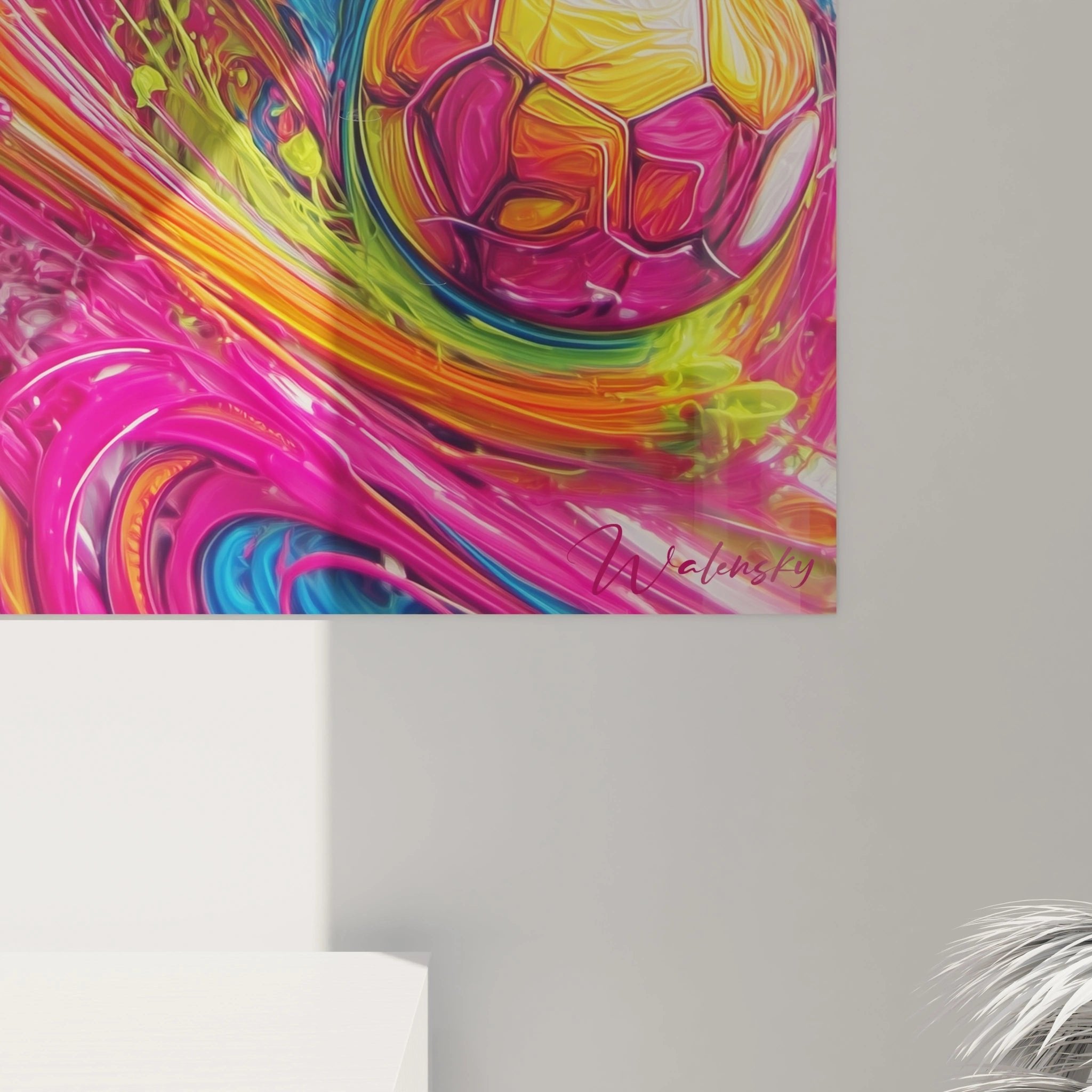 Seitenansicht des abstrakten Farbwirbel-Wandbildes auf Leinwand mit sichtbarer Rahmentiefe