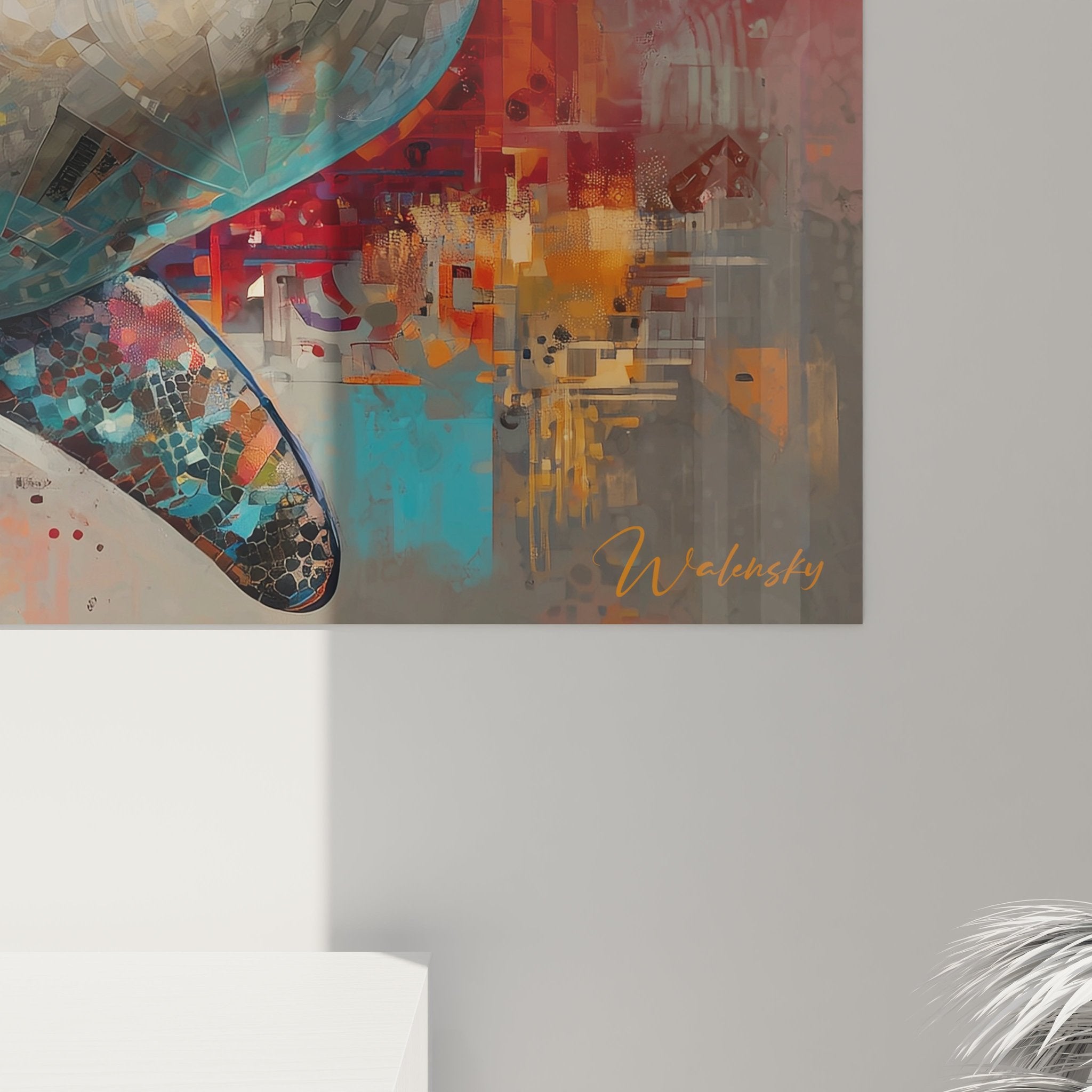 Gesamtansicht des farbenfrohen Megalodon Hai Wandbildes mit pixelartiger Kunsttechnik