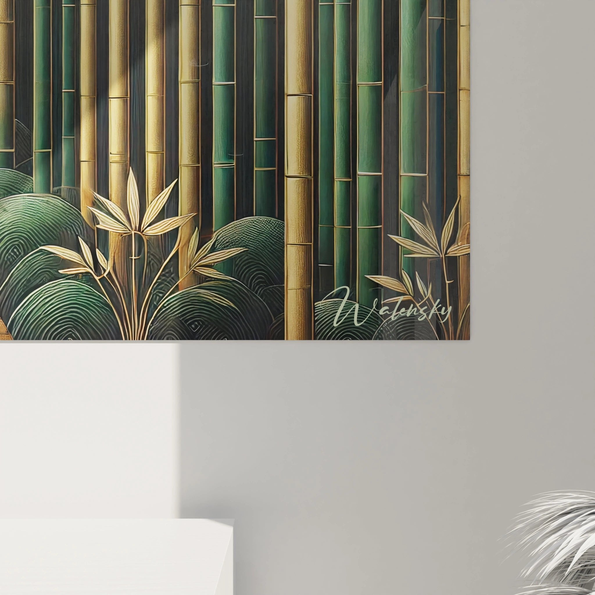 Gesamtansicht des Bambuswald Wandbildes mit mystischem goldenen Pfad und schwebenden Sternen