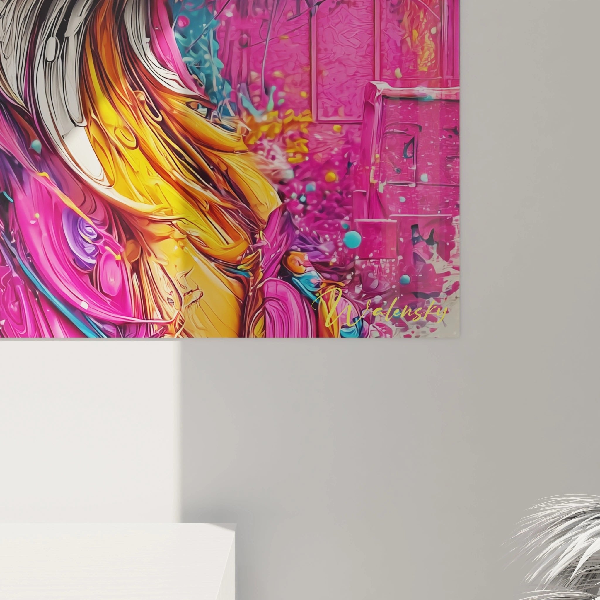 Gesamtansicht des bunten Fuchs Wandbildes mit explosiver Farbpalette für moderne Wandgestaltung