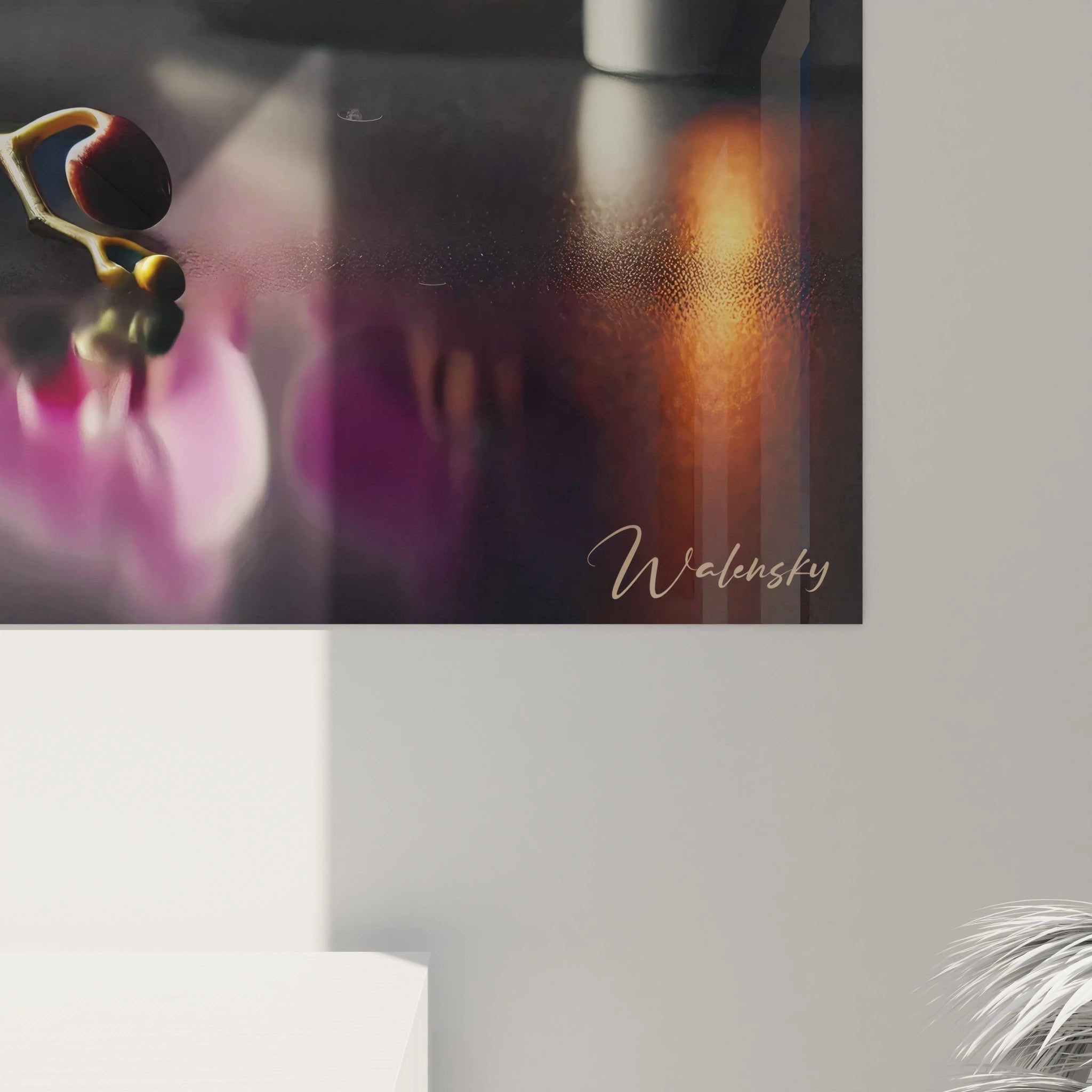 Gesamtansicht Wellness-Wandbild mit Orchideen, Kerzen und Steinen für entspannende Raumatmosphäre