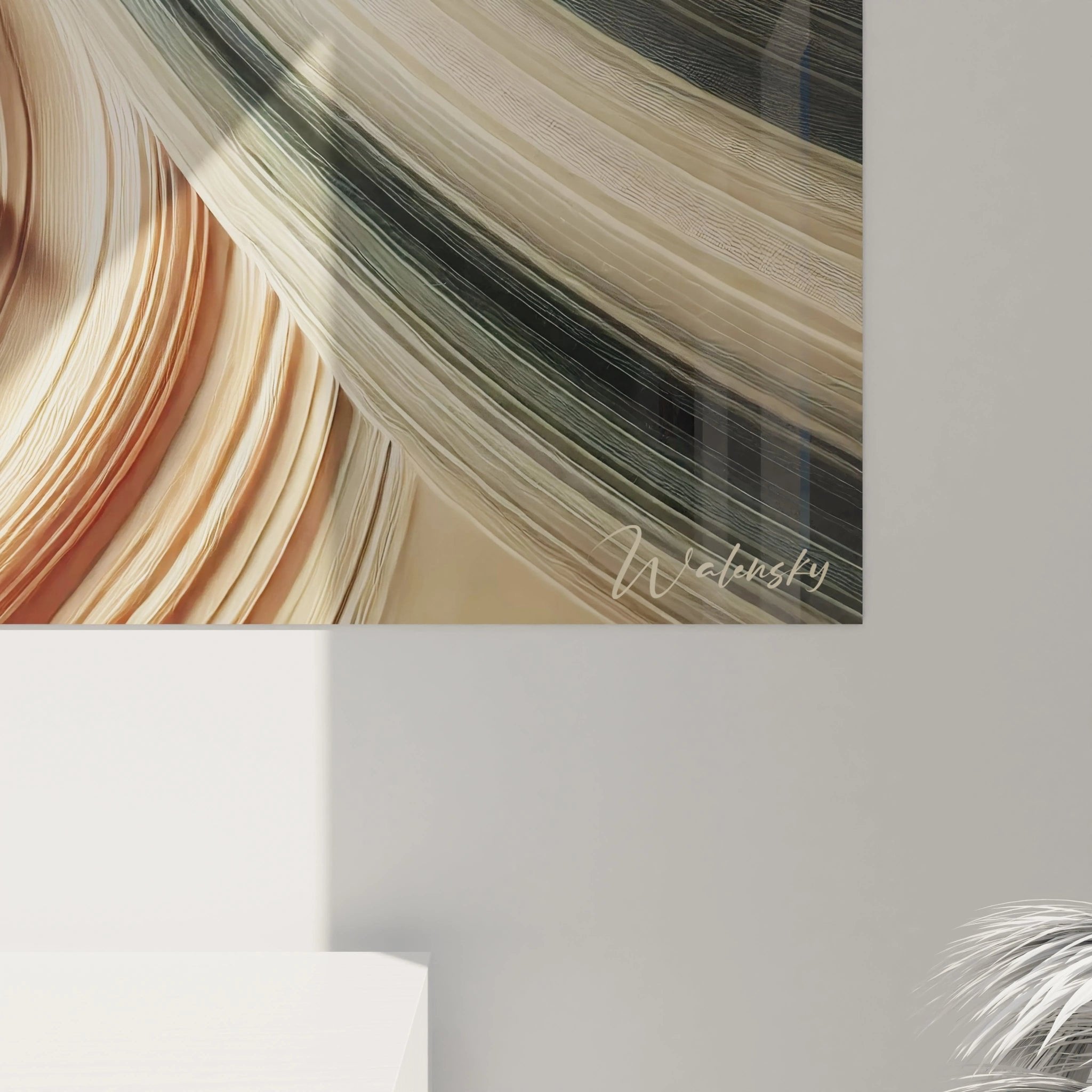 Gesamtansicht des Zen-Steine Wandbildes mit wellenförmigen Sandlinien in warmer Farbgebung