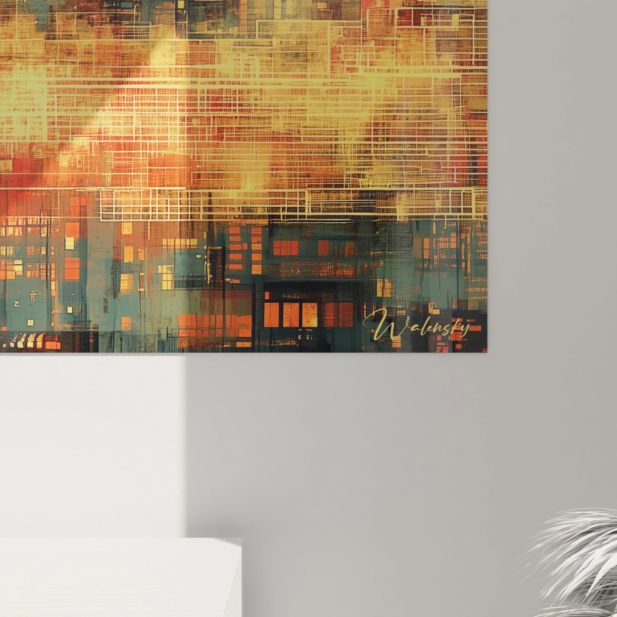 Gesamtansicht des Wandbildes Grammophon Street Art mit leuchtender Stadtlandschaft und nostalgischer Atmosphäre