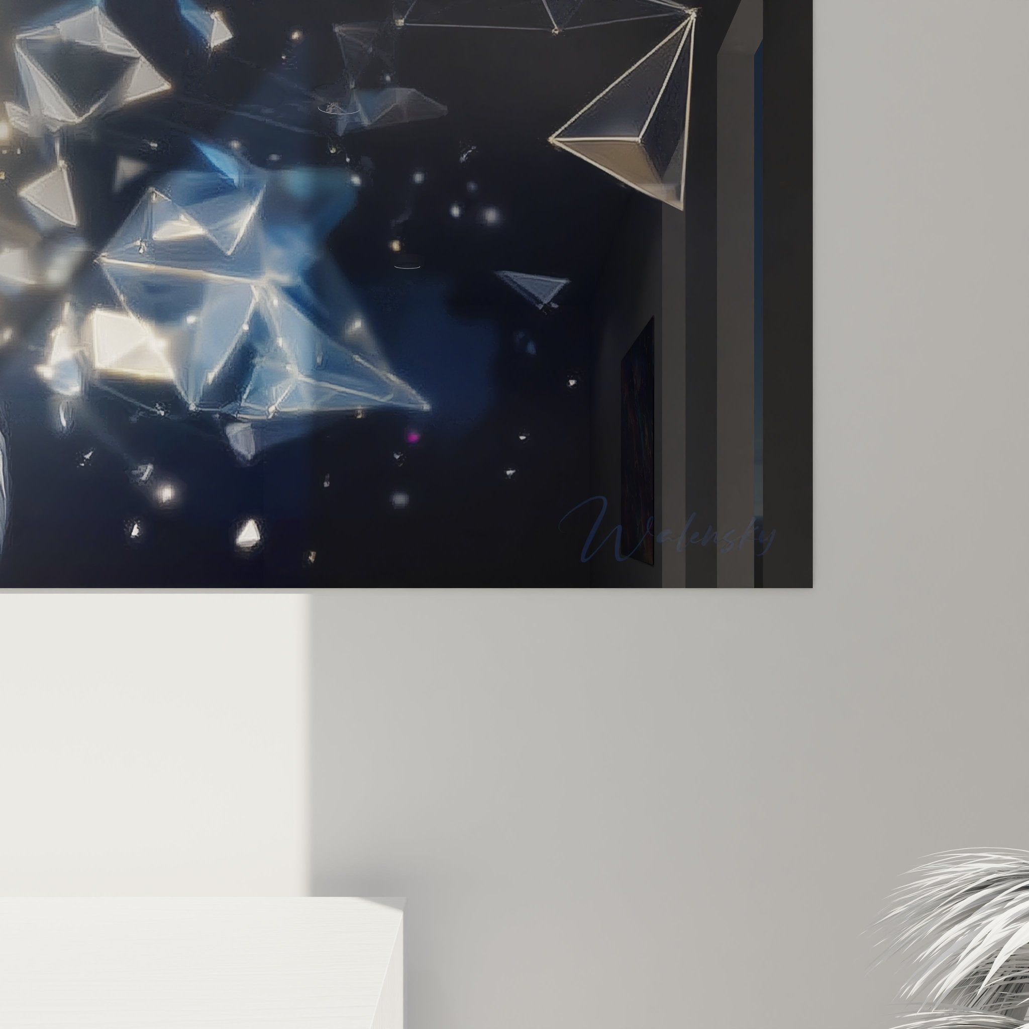 Gesamtansicht des Wandbildes futuristischer Adler mit schwebenden Kristalleffekten in edler Rahmung