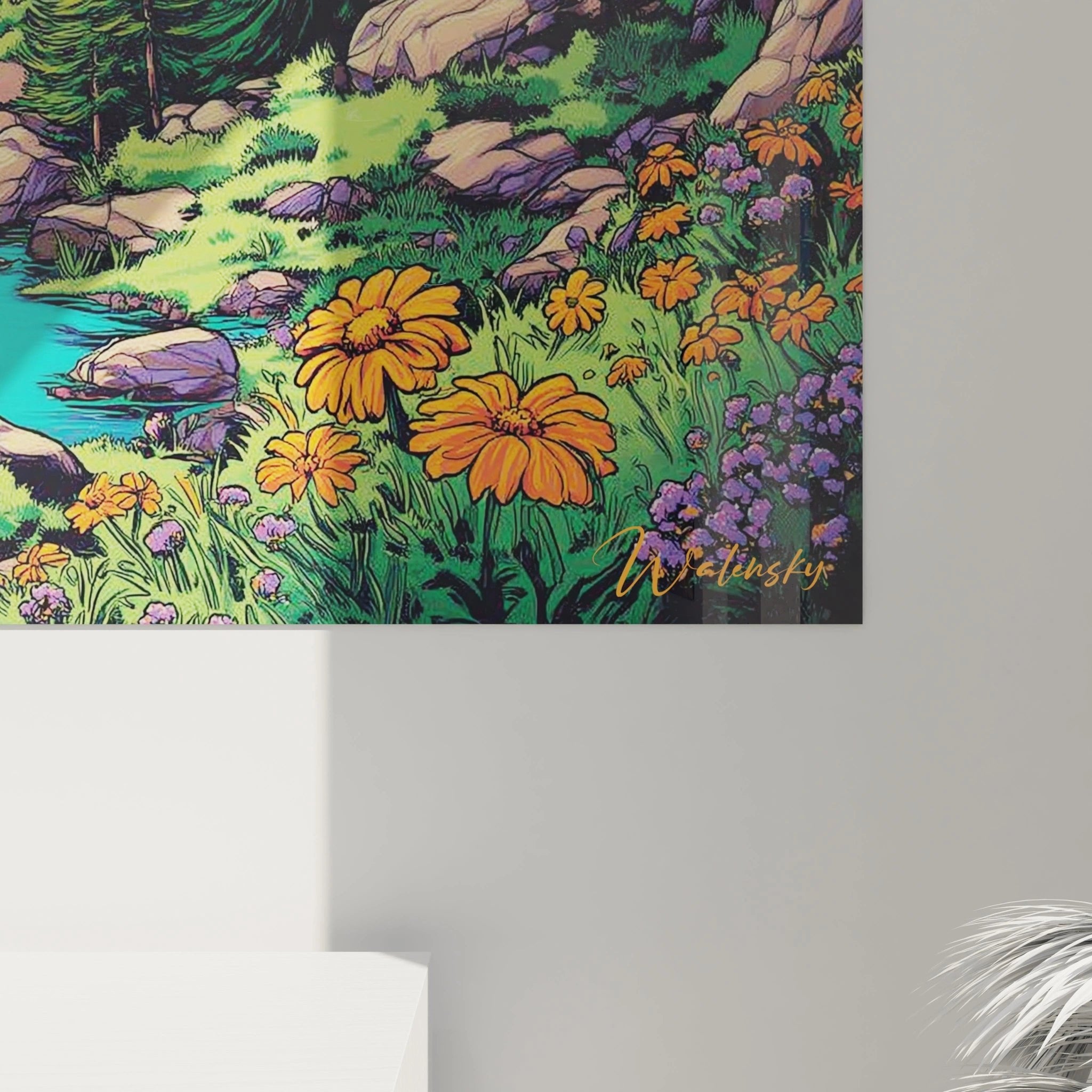 Gesamtansicht des Comic-Stil Wandbildes mit mystischer Gebirgslandschaft und dramatischem Himmel