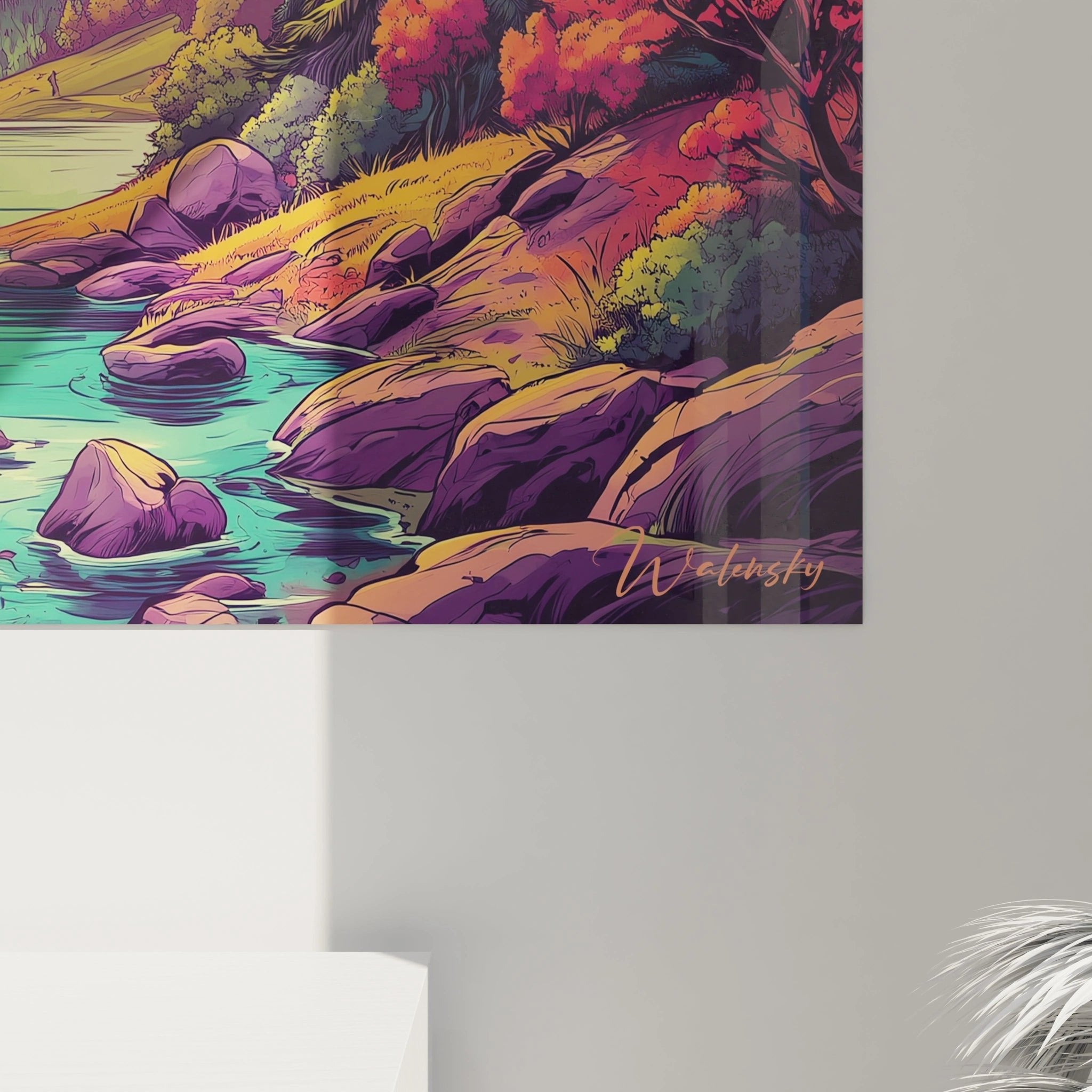 Gesamtansicht des Comic Fantasy Wandbildes mit majestätischen Bergen und magischer Herbstlandschaft