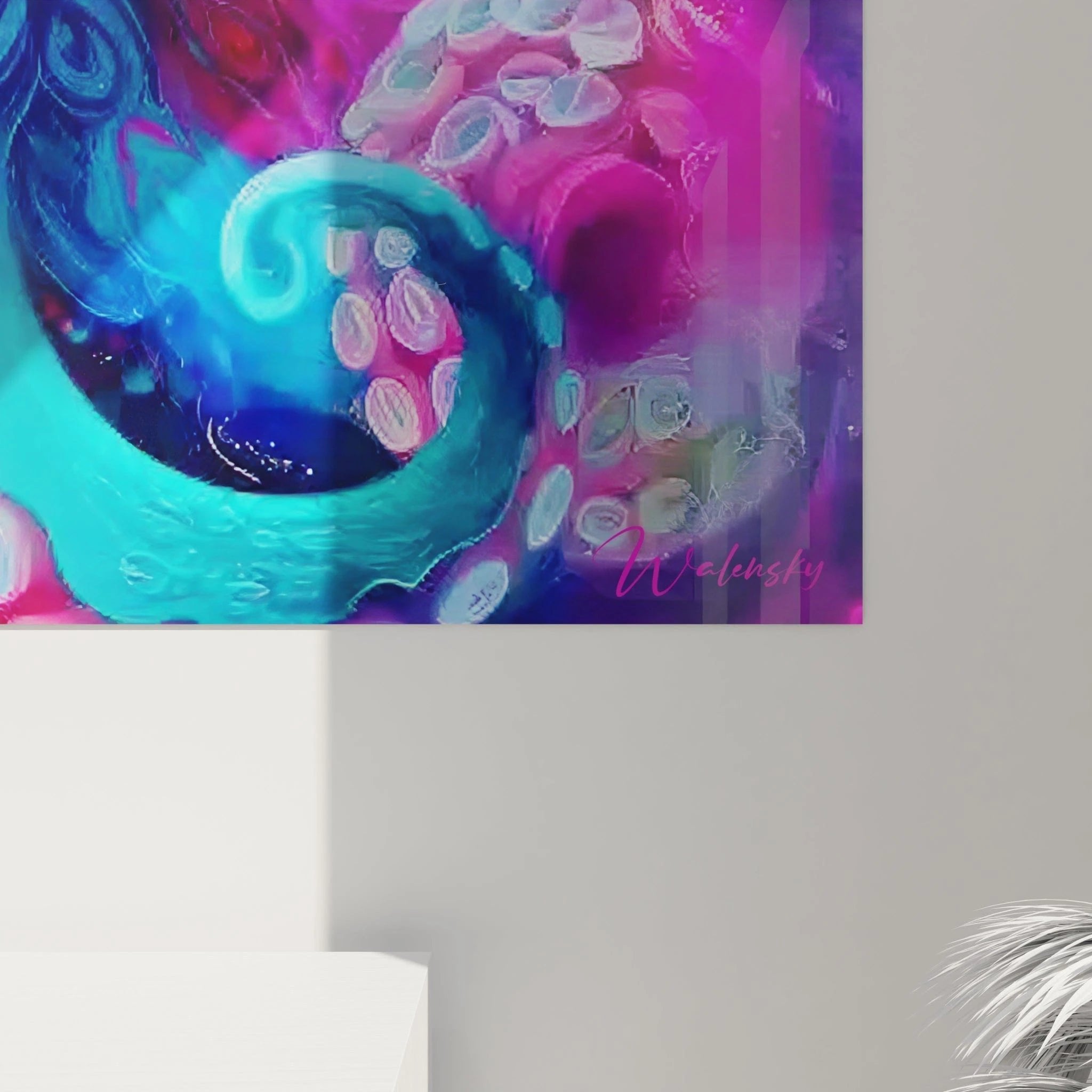 Gesamtansicht des psychedelischen Kraken Wandbildes mit intensiven Blau- und Orangetönen