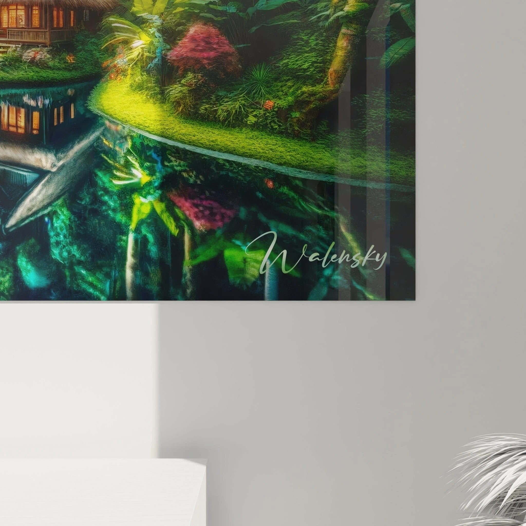 Gesamtansicht Wandbild tropisches Paradies mit Holzhaus inmitten von Palmen und exotischen Dschungelpflanzen