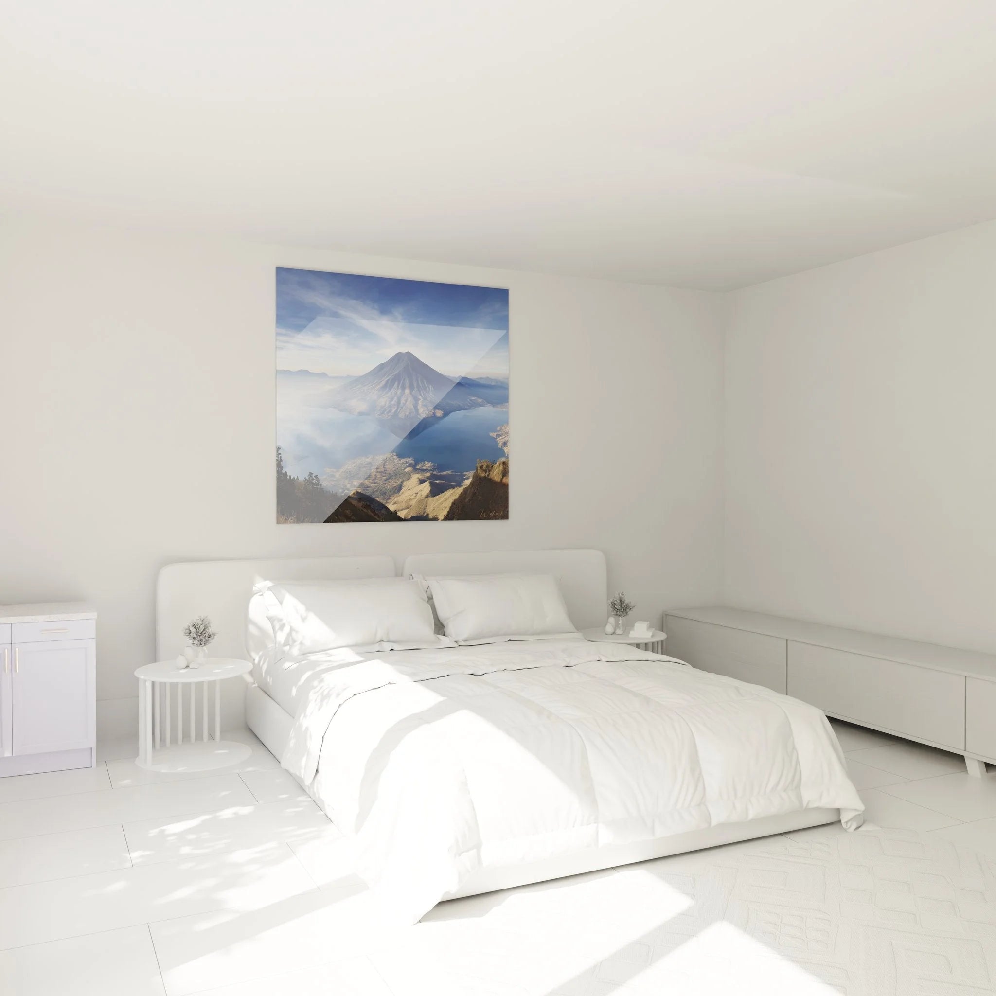 Vulkansee Wandbild in elegantem Schlafzimmer mit Bergpanorama Dekoration