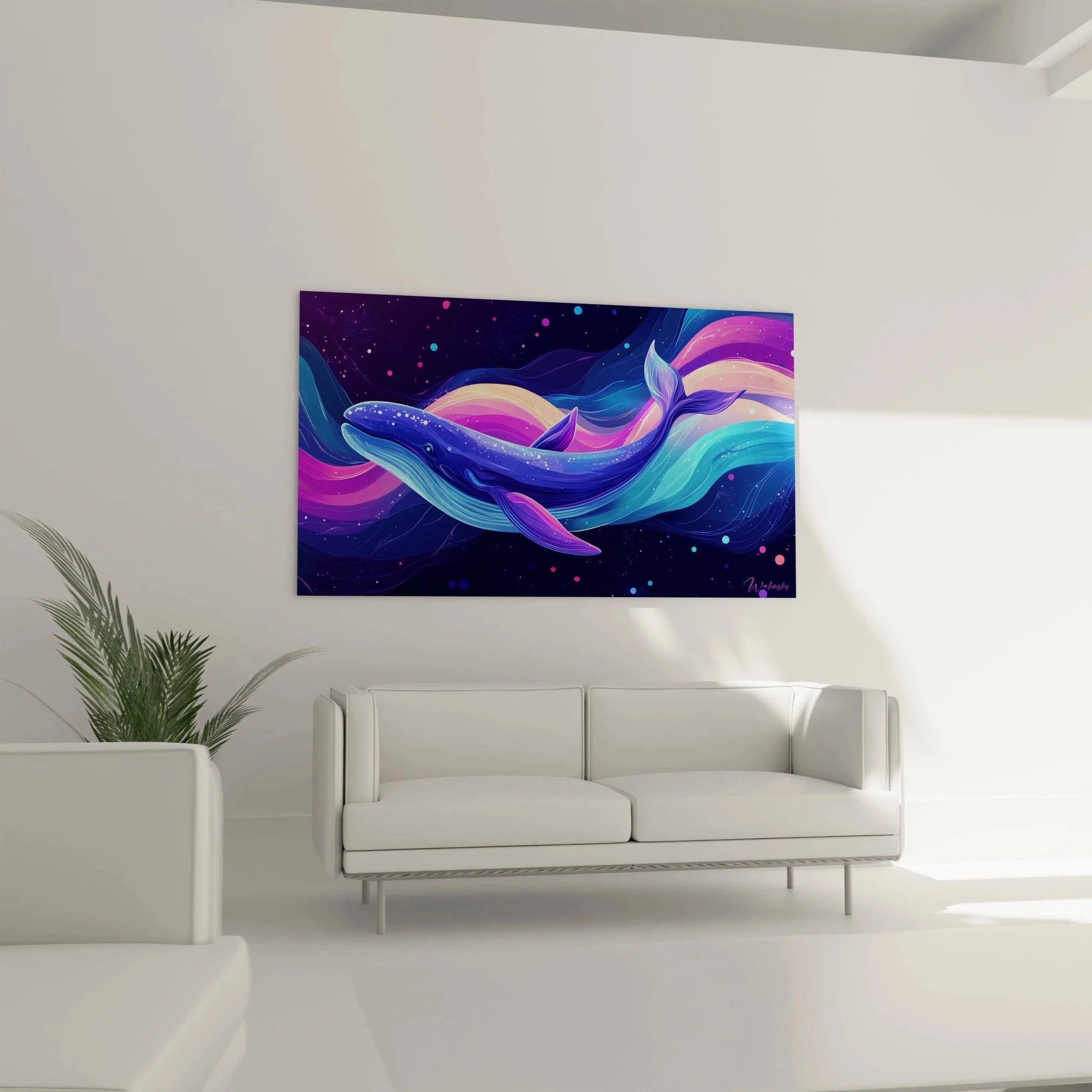 Detailansicht Wal Kunstdruck - Leuchtende Sterne und galaktische Farbverläufe in Premium Qualität