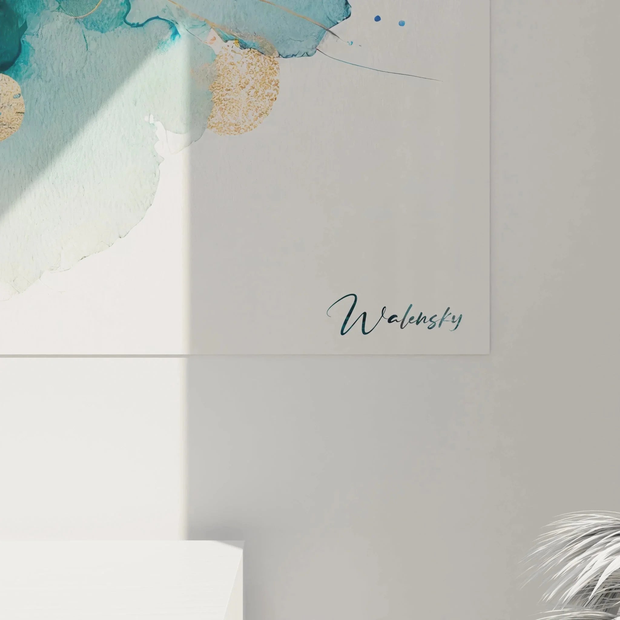 Gesamtansicht Wandbild Wal showing komplette Komposition mit schwimmenden Aquarell Elementen