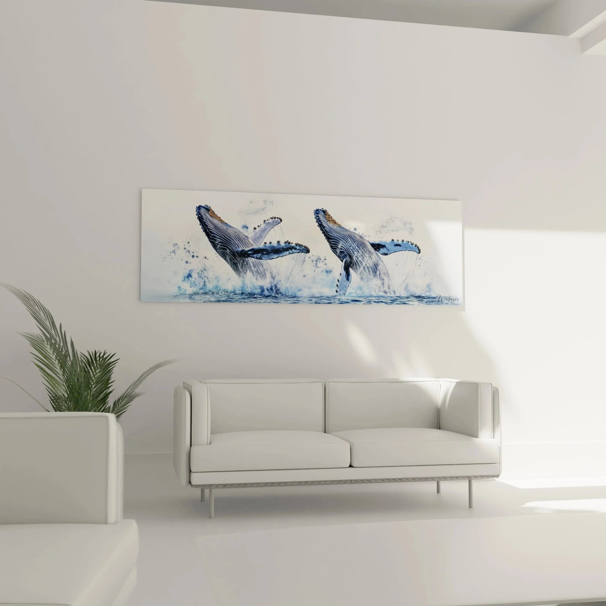 Detailansicht Wandbild springende Wale, Aquarell-Optik Buckelwale, hochwertige Wal Wandkunst Nahaufnahme