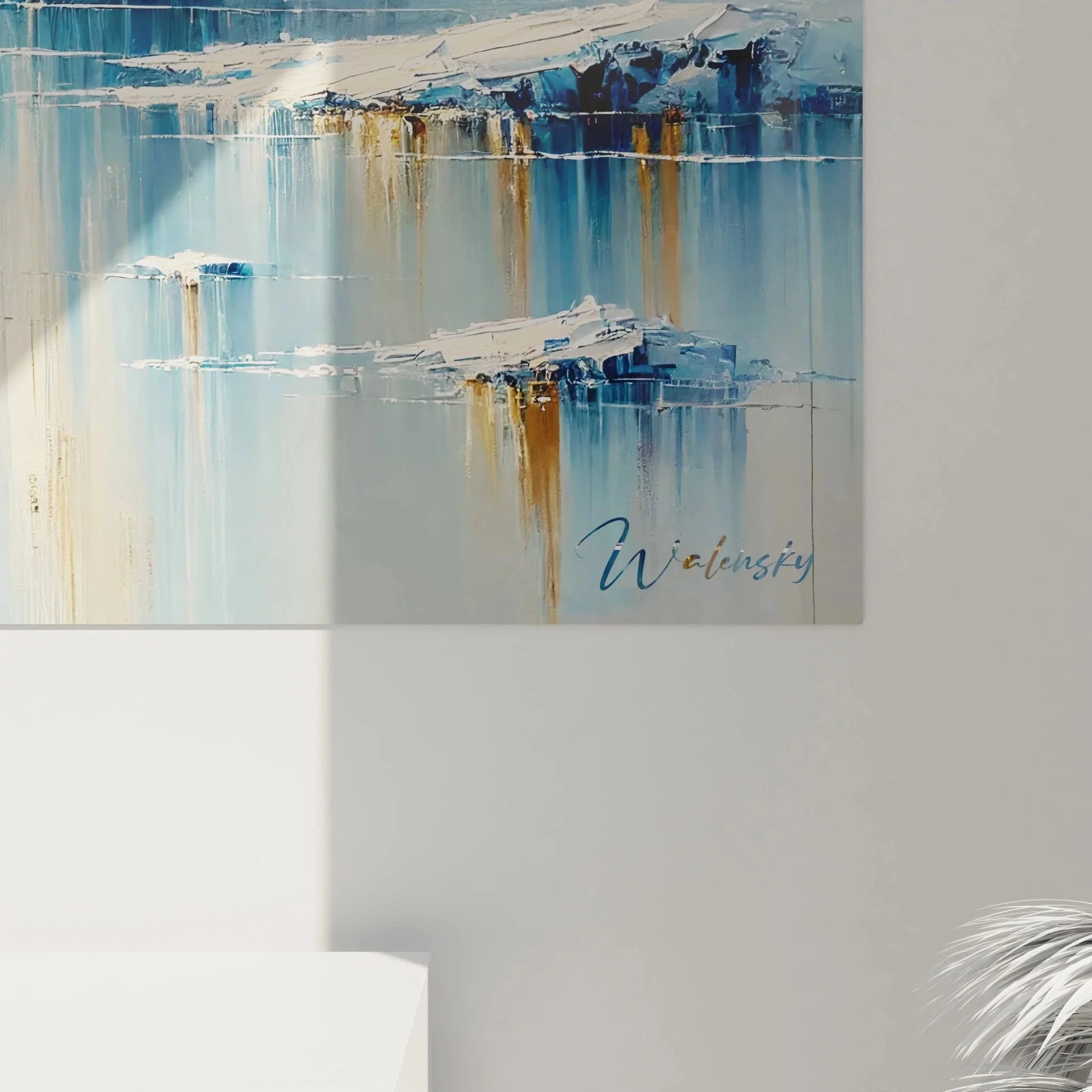 Gesamtansicht arktisches Leinwandbild an moderner Wand, winterliche Wandkunst als stilvolle Raumdekoration