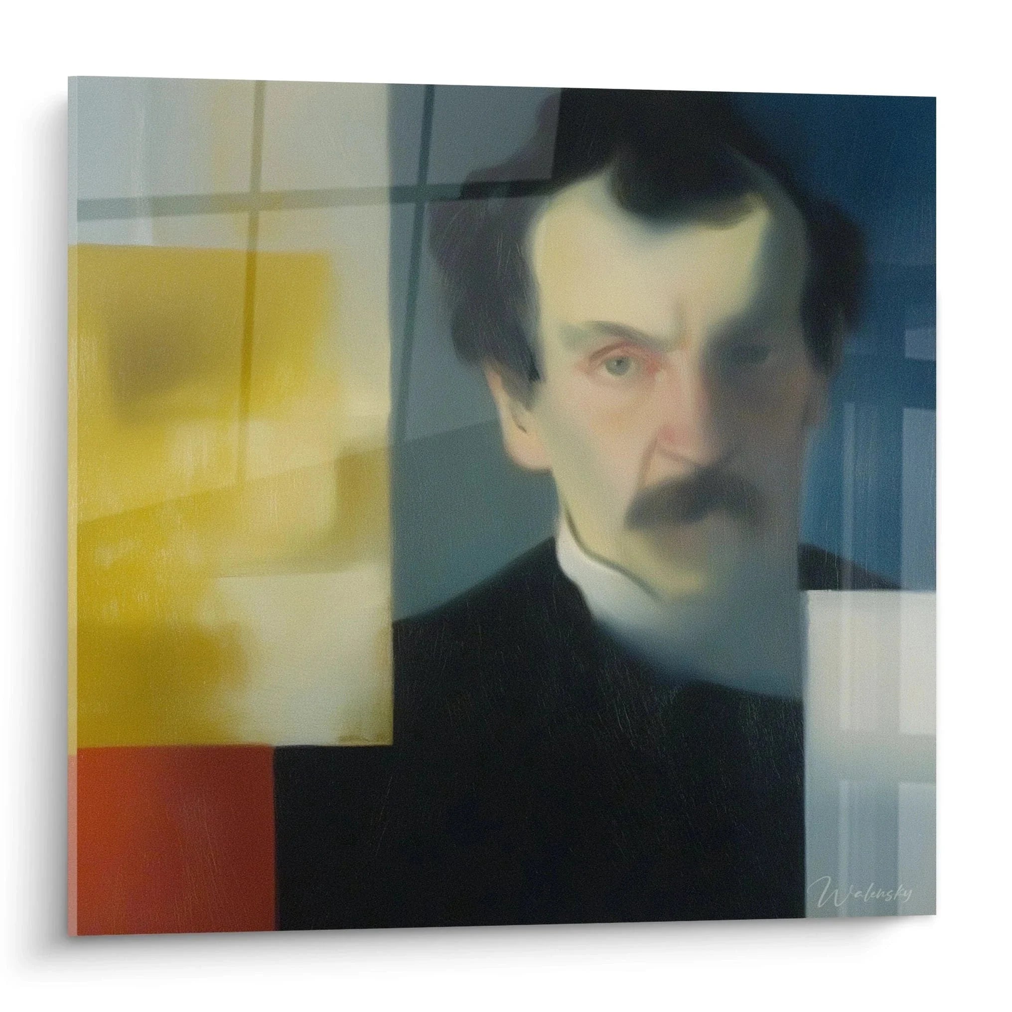 Wandbild Abraham Lincoln Dadaismus Portrait mit geometrischen Elementen und warmen Farben