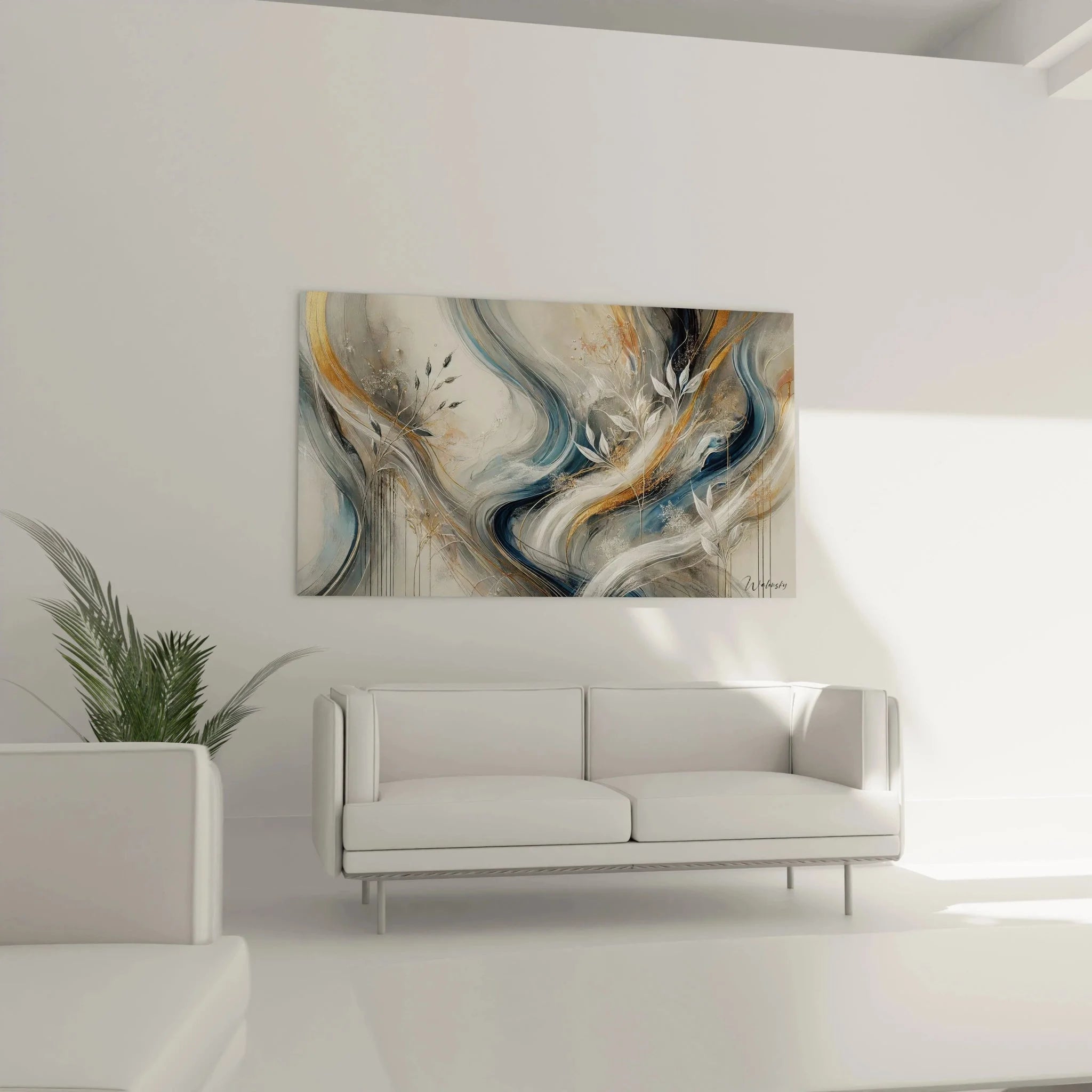 Detailansicht abstraktes Wandbild zeigt fließende Strukturen und botanische Elemente in Acryl-Optik