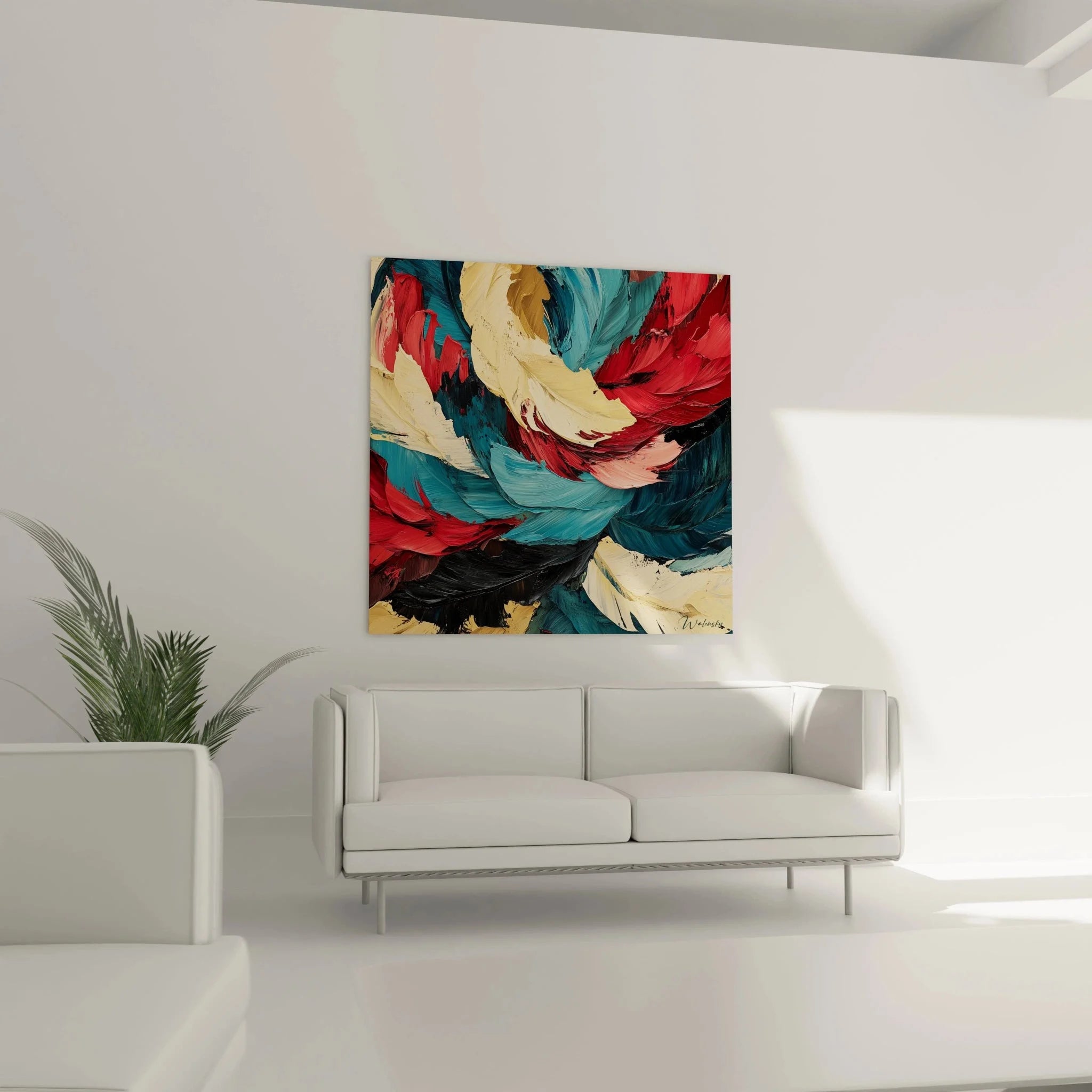 Detailaufnahme Wandbild abstrakte Blüte, sichtbare Pinselstruktur und Farbschichtung in Malerei-Optik