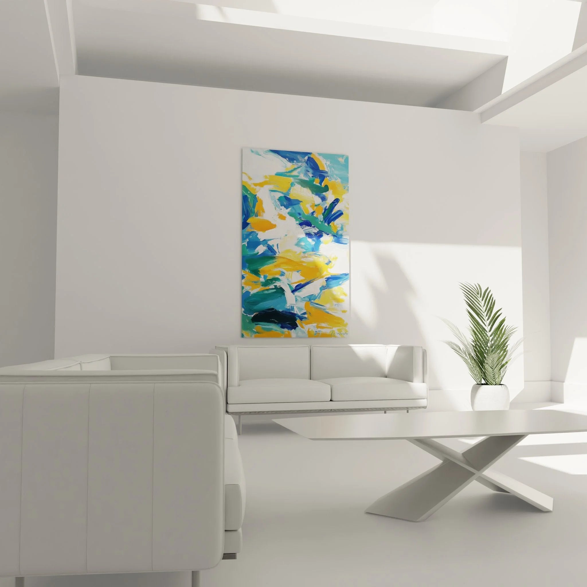 Detailansicht Wandbild abstrakte Malerei - Pinselstriche in Blau, Gelb und Grün sichtbar