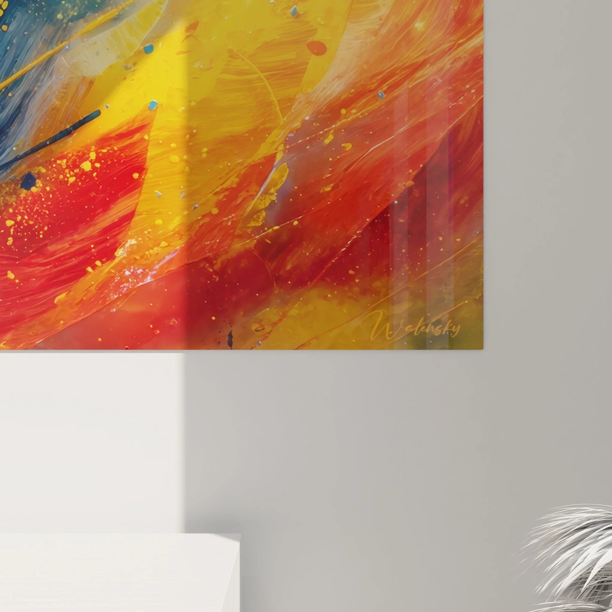 Gesamtansicht Wandbild abstrakte Farbexplosion dynamische Komposition Malerei-Optik Design