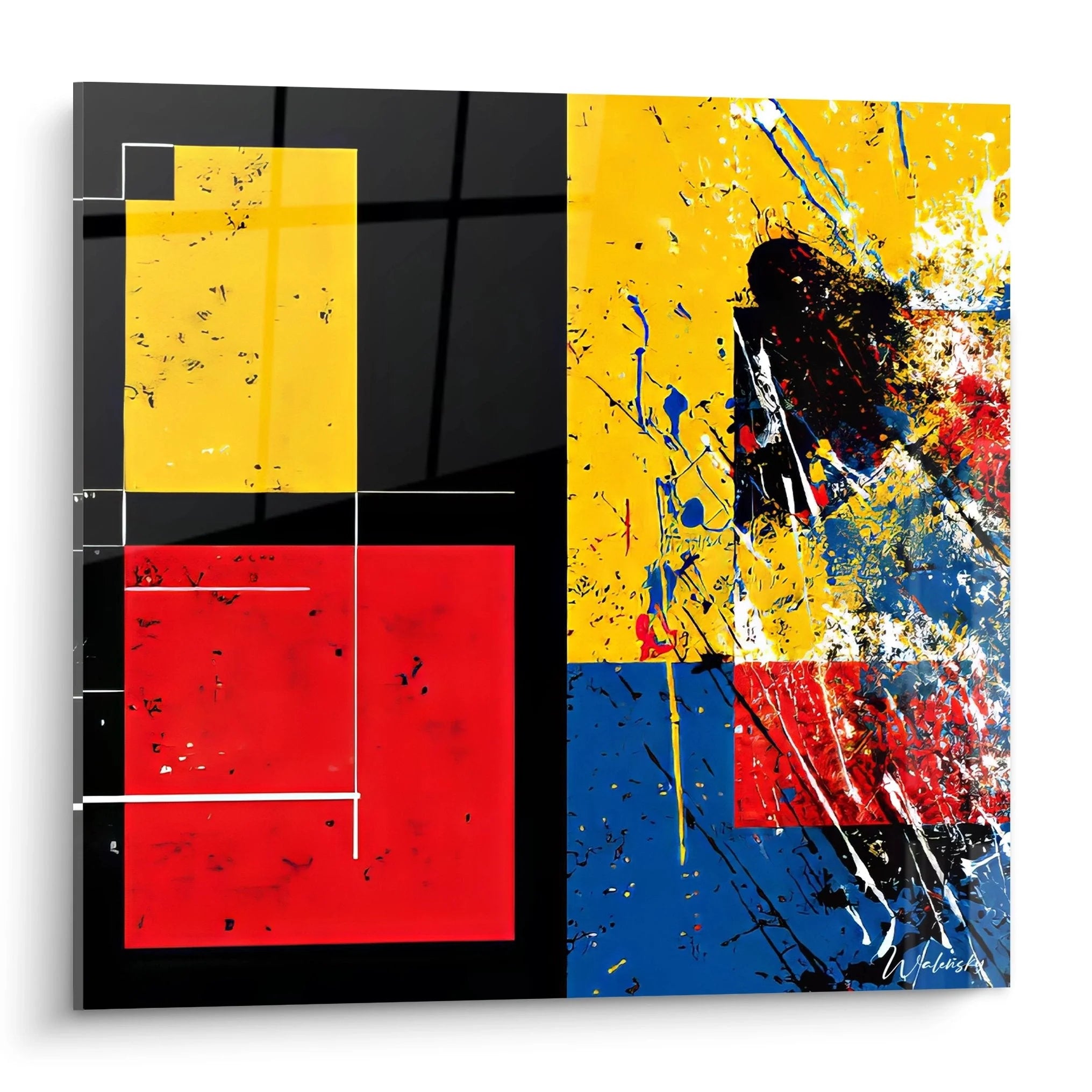 Wandbild abstrakt geometrisch mit Mondrian-Elementen und Action Painting in Rot Gelb Blau