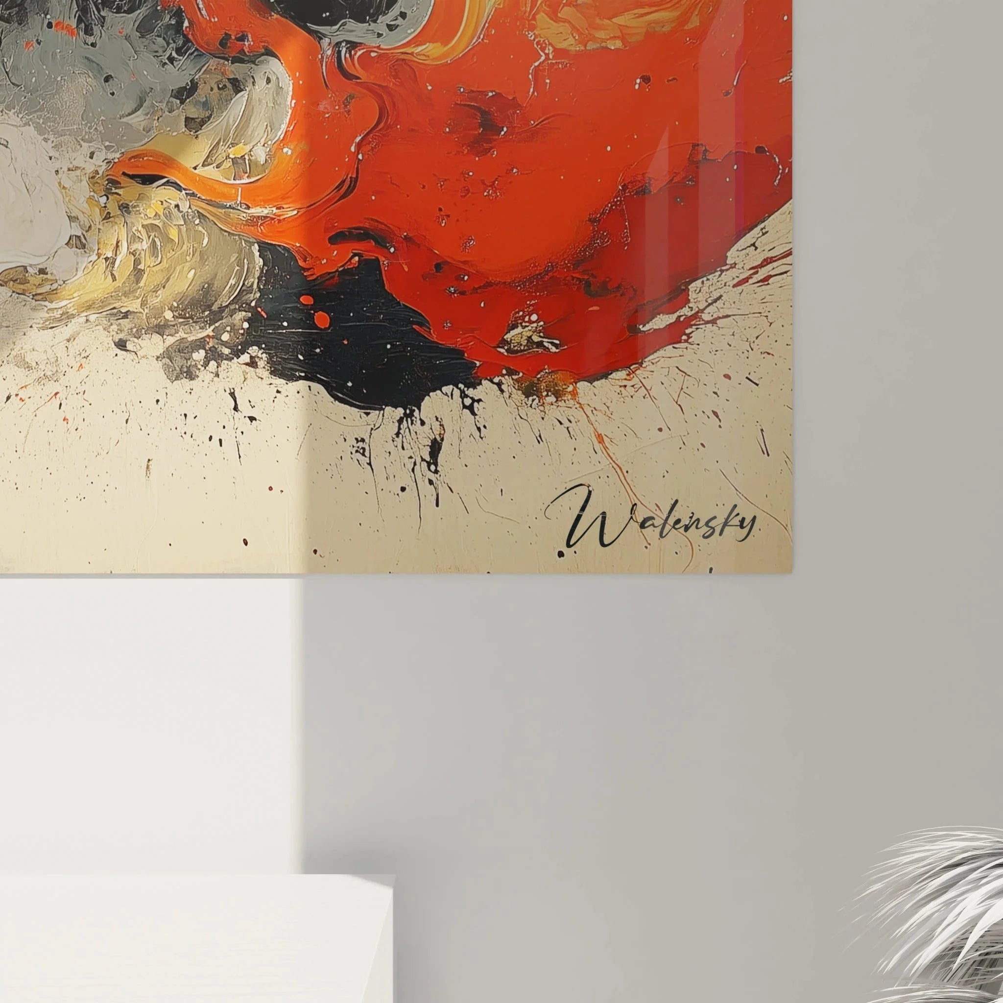 Gesamtansicht des modernen abstrakten Wandbildes mit türkis-orange Farbkomposition