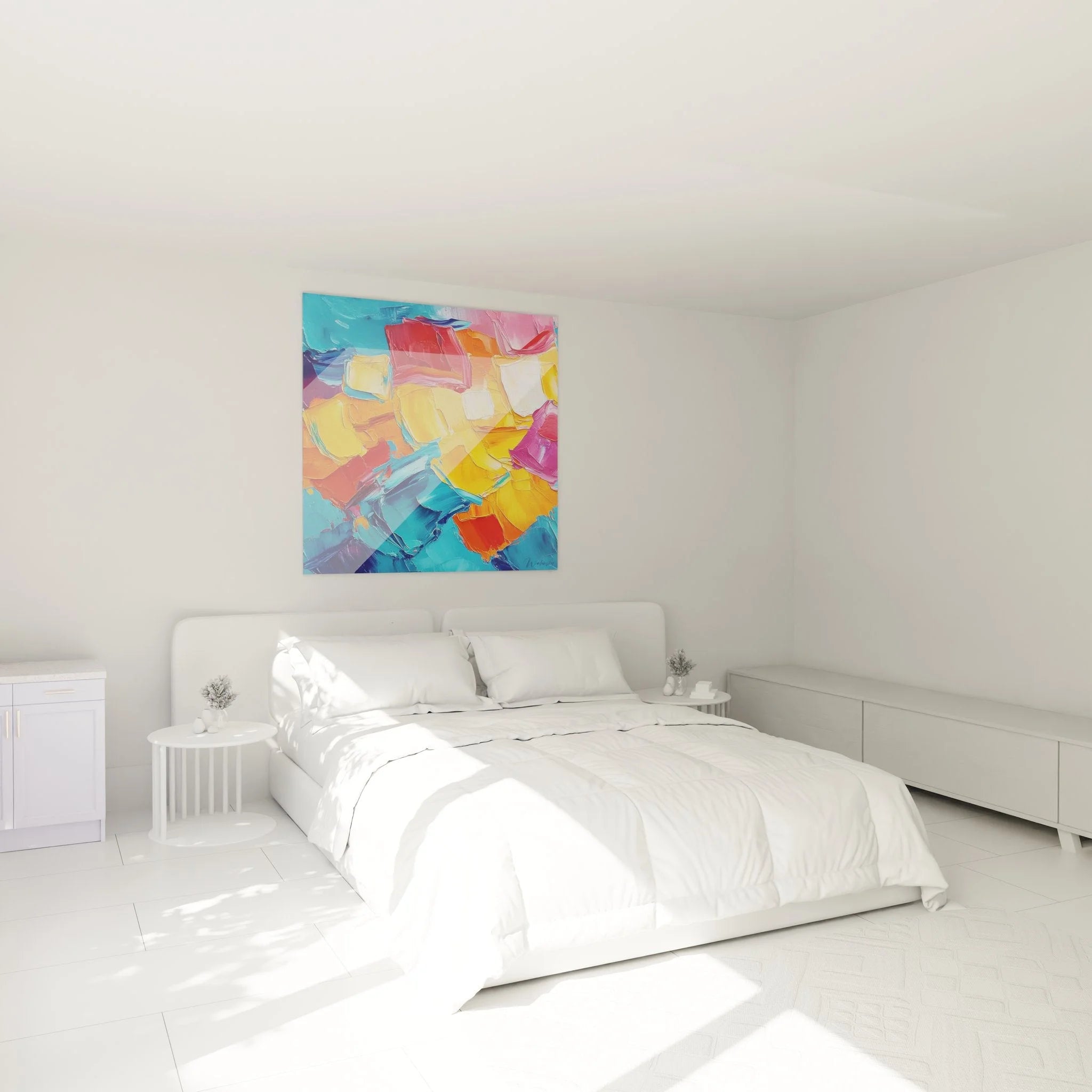 Modernes Wandbild abstrakte Kunst in Schlafzimmer-Ambiente mit warmen Farbtönen und expressiven Pinselstrichen
