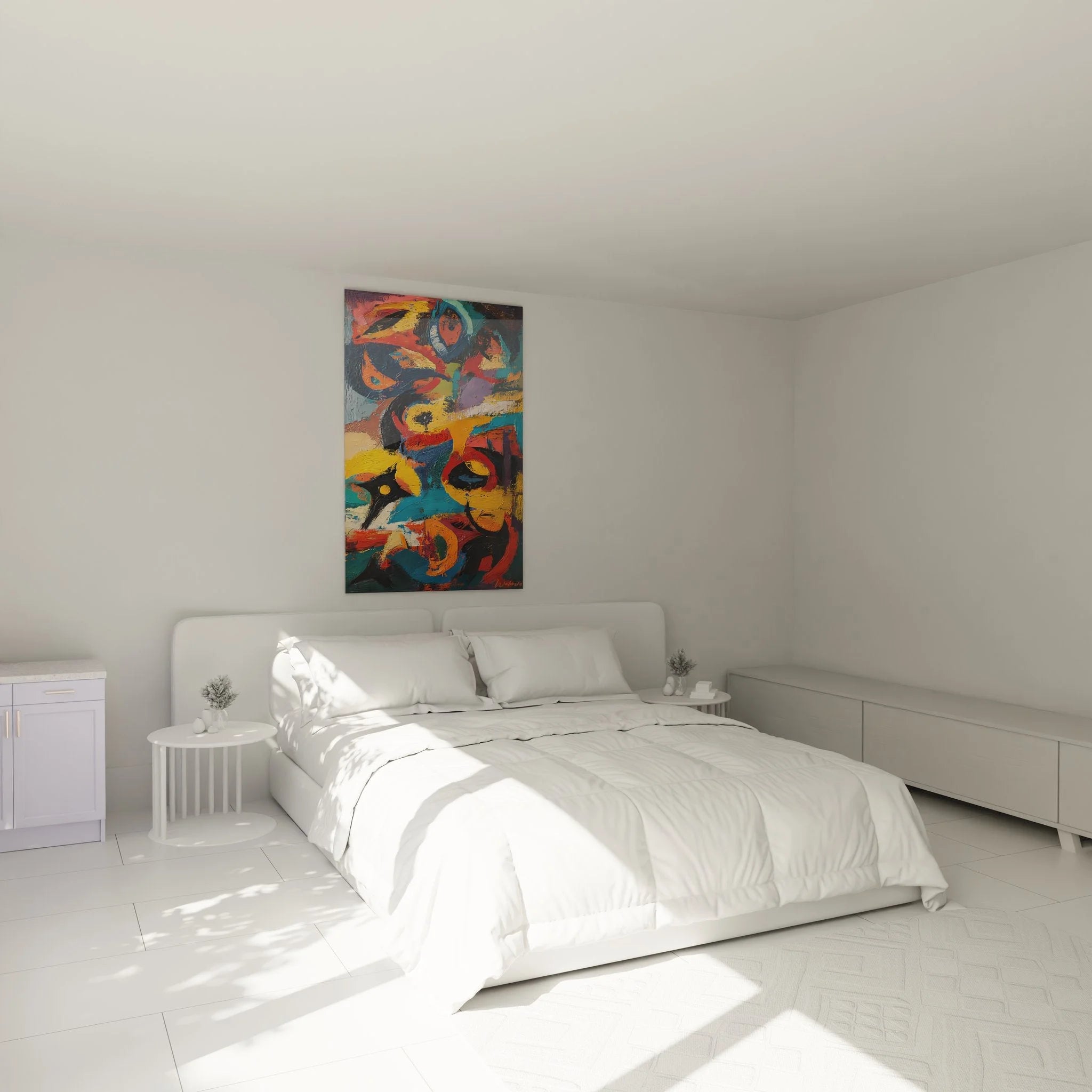 Modernes Wandbild abstrakte Kunst in Schlafzimmer Ambiente mit warmen Farbtönen