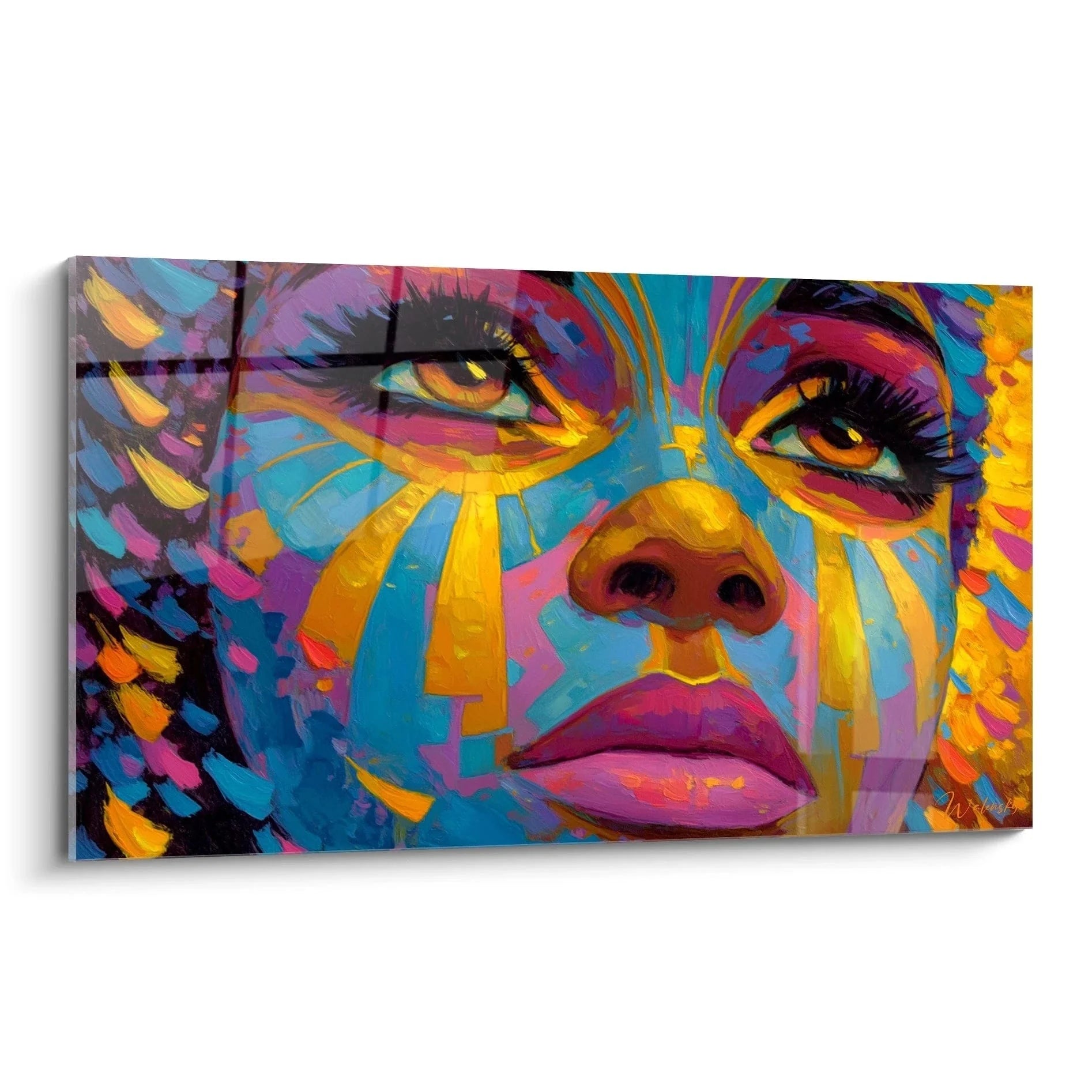 Wandbild abstrakte afrikanische Frau in bunter Pop-Art mit türkis orange Farben auf Leinwand