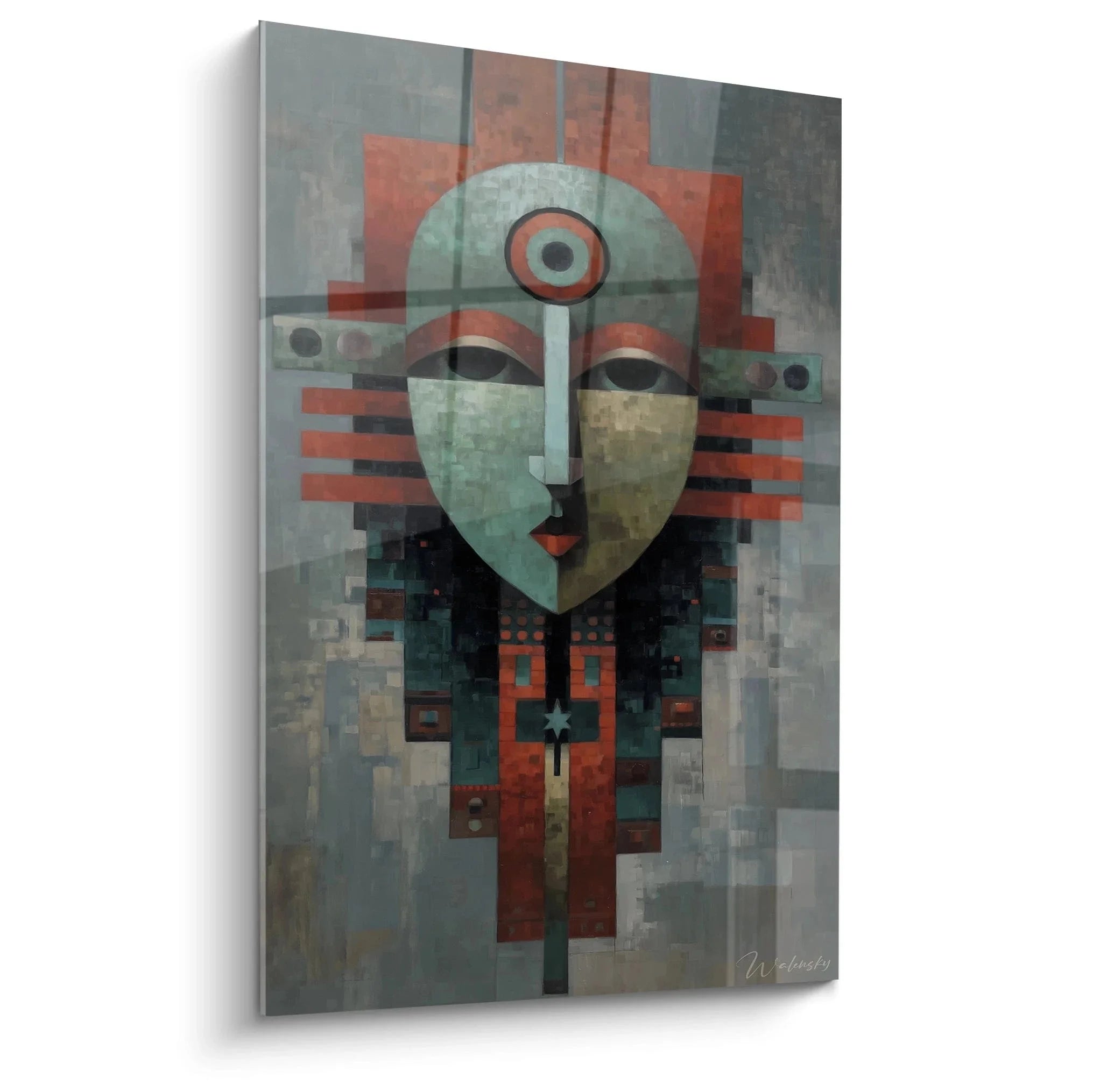 Abstraktes Wandbild afrikanische Maske mit geometrischen Formen in erdigen Rot- und Grautönen