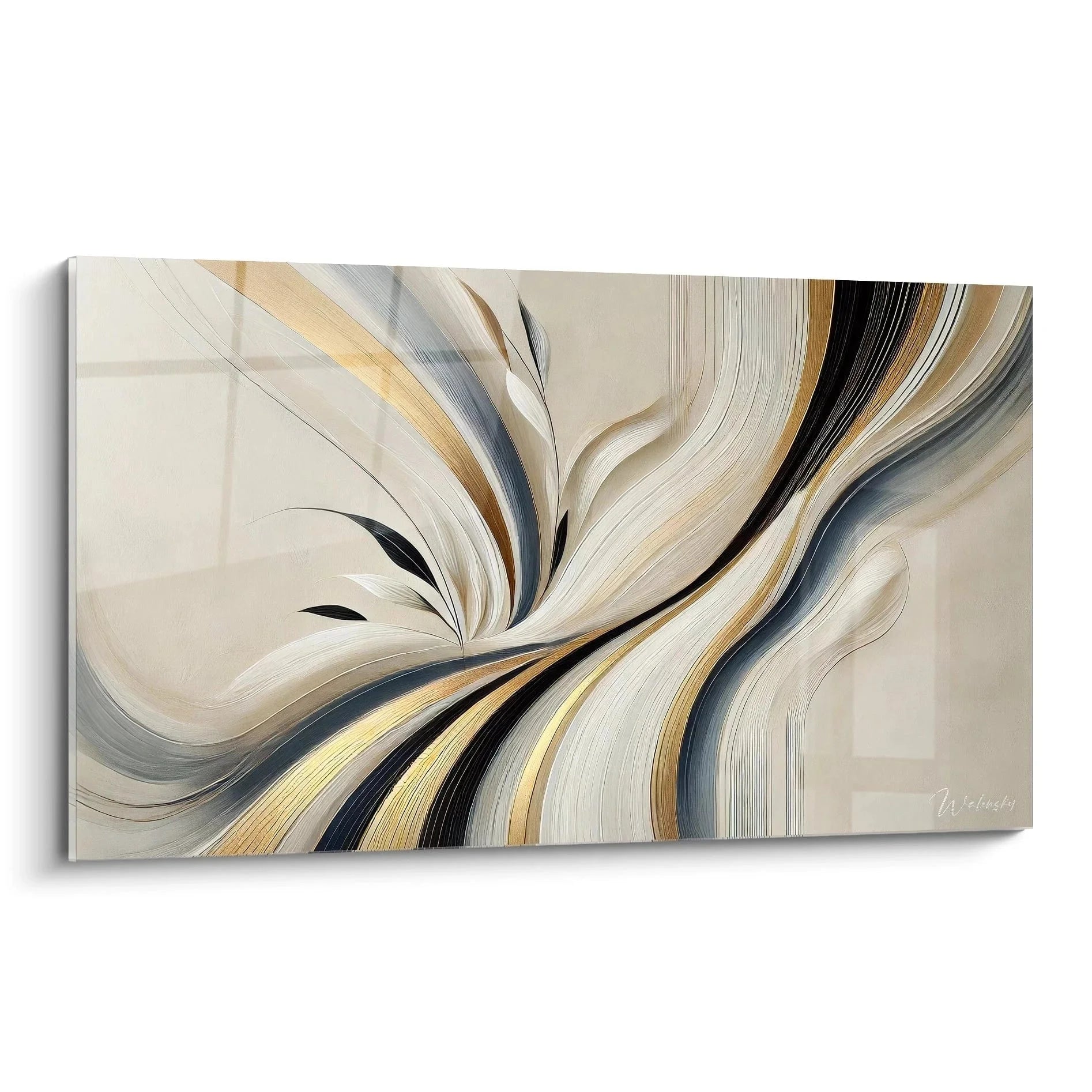 Wandbild abstrakte Bewegung mit eleganten Schwüngen in Beige Gold Schwarz Acryl-Optik für moderne Wanddekoration
