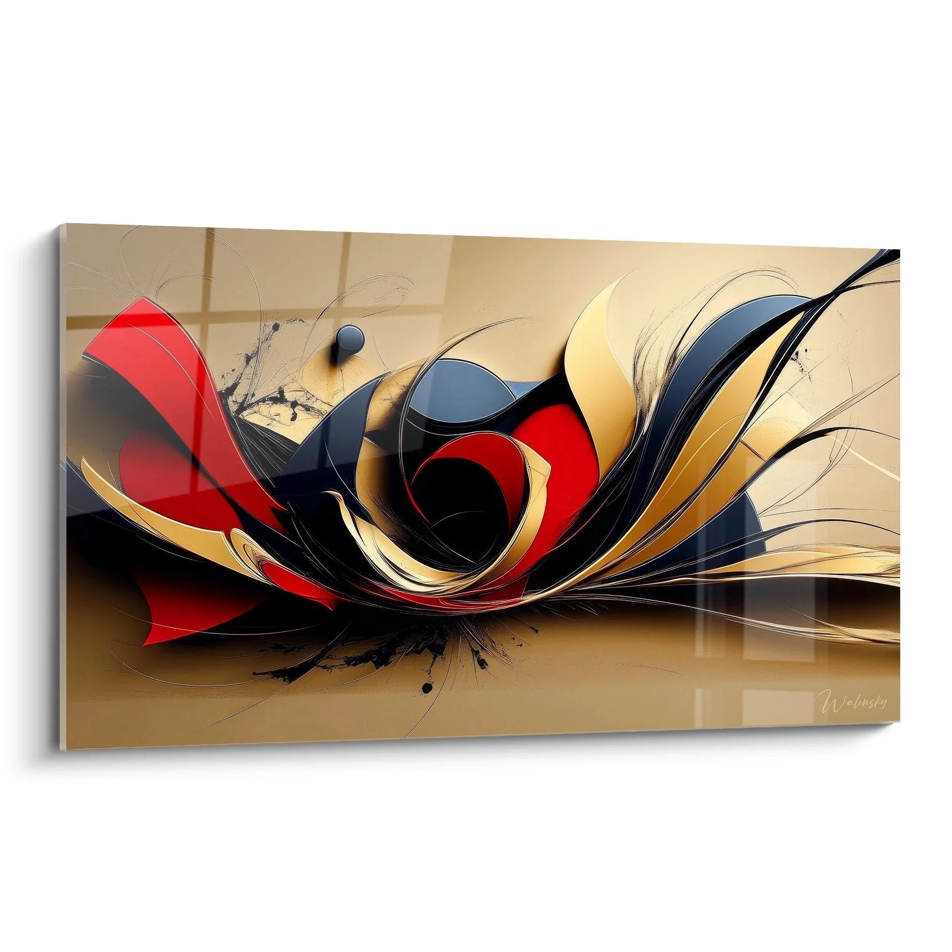 Wandbild abstrakte Bewegung in Rot Gold Schwarz - Moderne minimalistische Kunst mit dynamischen Schwüngen