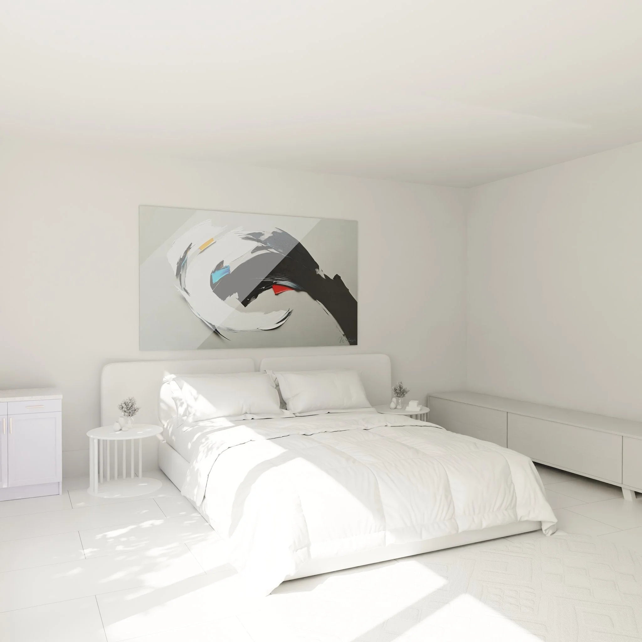 Modernes Wandbild abstrakte Bewegung im Schlafzimmer - minimalistische Wanddekoration in Grautönen