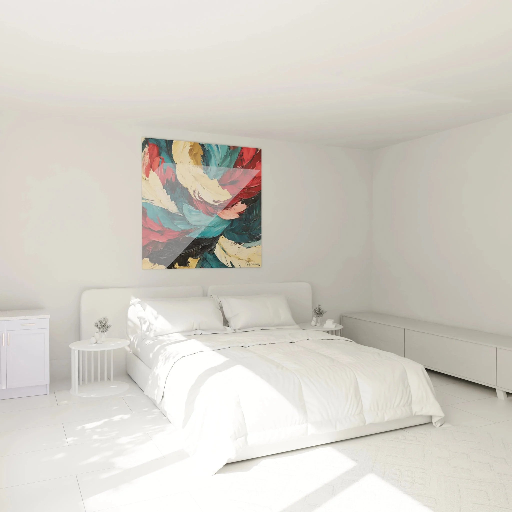 Abstraktes Wandbild Blütenpracht im Schlafzimmer, türkis-rote Farbkomposition in Malerei-Optik