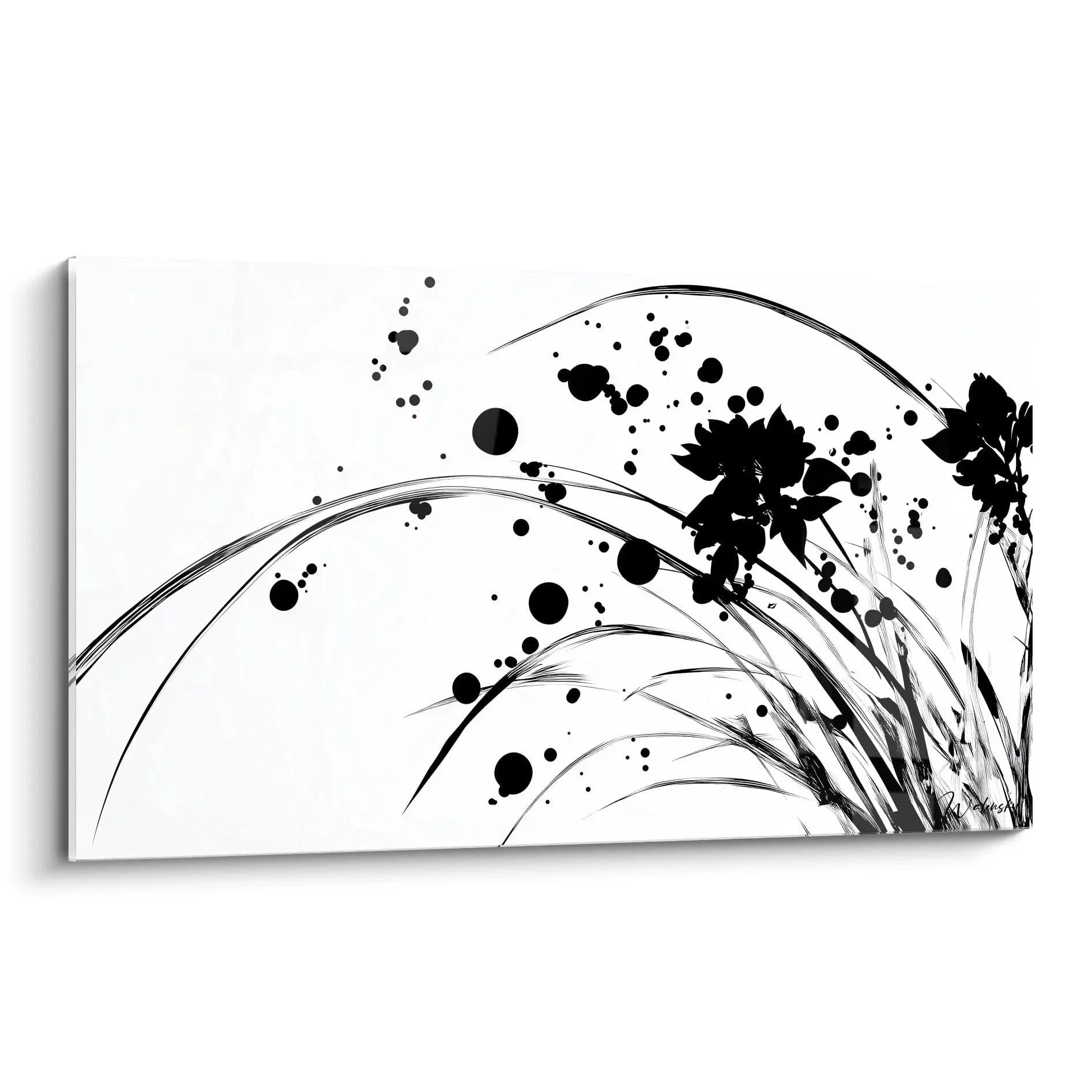 Wandbild abstrakte Blüten Schwarz-Weiß mit floralen Silhouetten und dynamischen Punktelementen